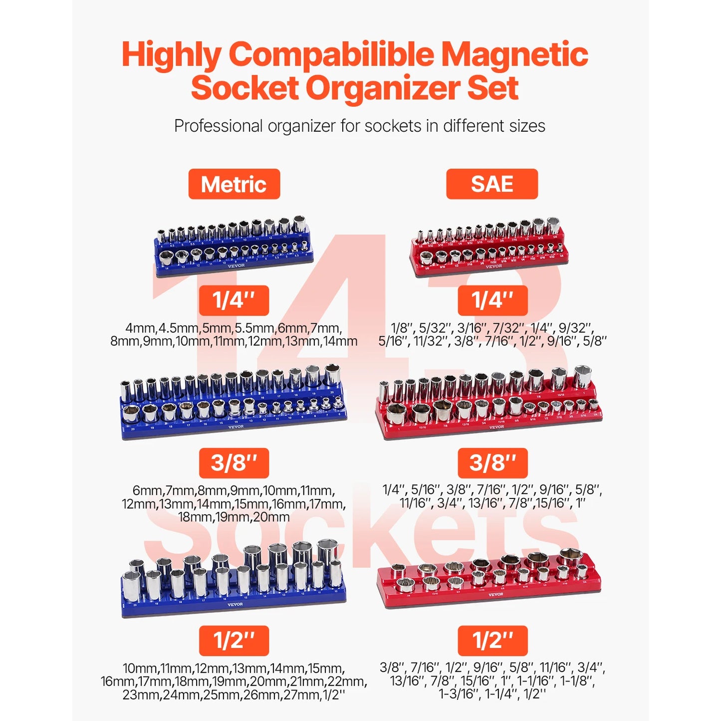 SucceBuy 6pcs/8pcs Blue+Red Magnetic Socket Organizer Set 3/8'' 1/2'' Metric SAE Socket Trays with Clear Labels for Tool Box