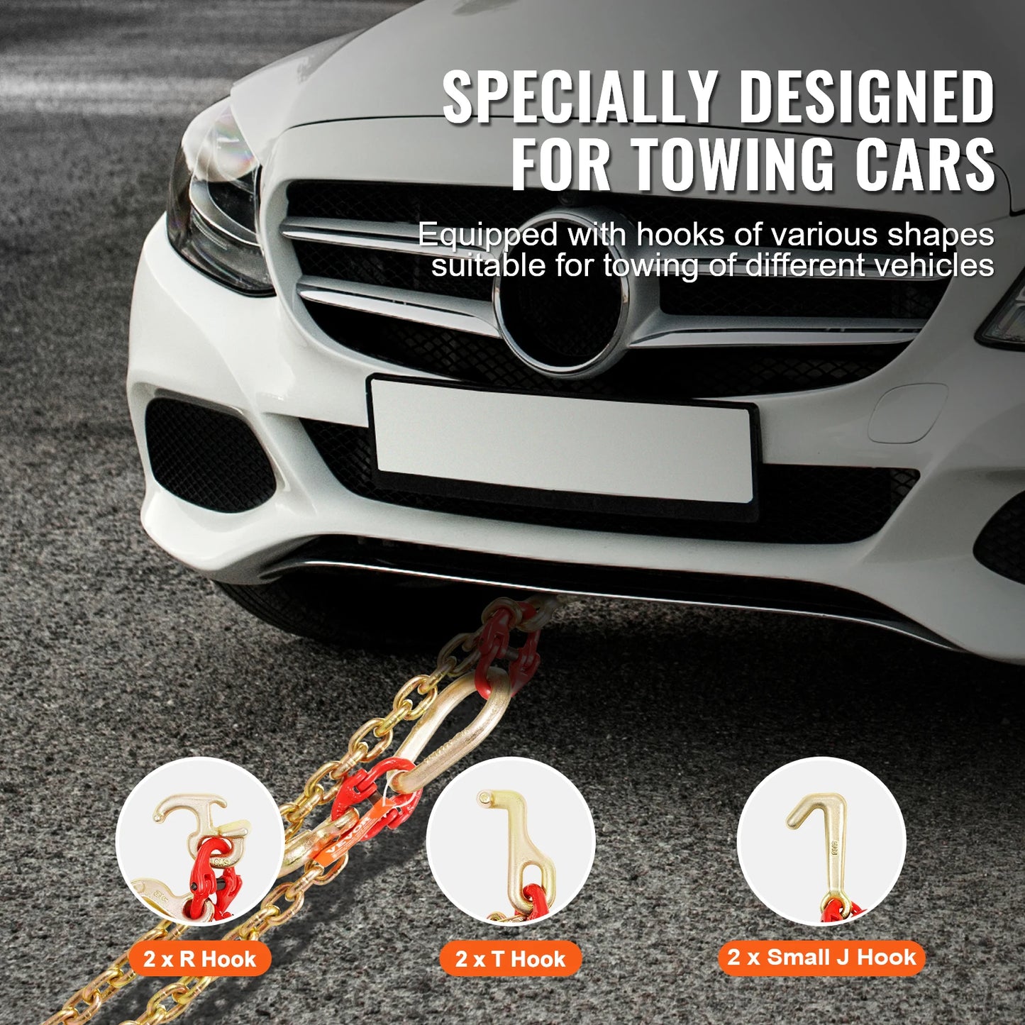 SucceBuy G80 V Towing Binder Chain with R/T/J Hook & Grab Hooks Transport Tow Bridle Chain for Flatbed Truck Wrecker Recovery