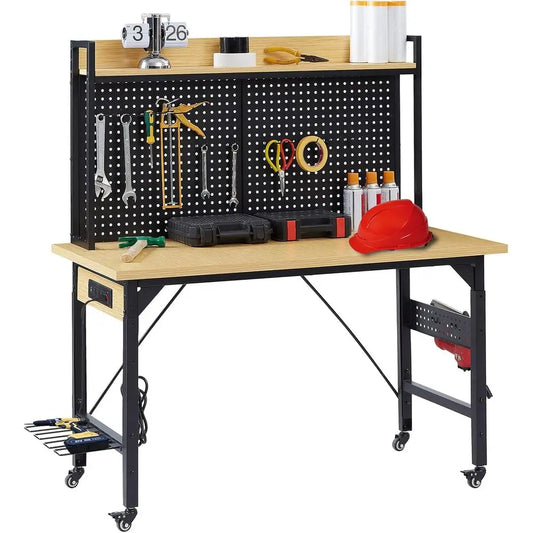 48" Adjustable Height Workbench with Pegboard, Work Benches or Garage, Heavy Duty Wood Top Work Bench with Wheels, 2000 LBS Load