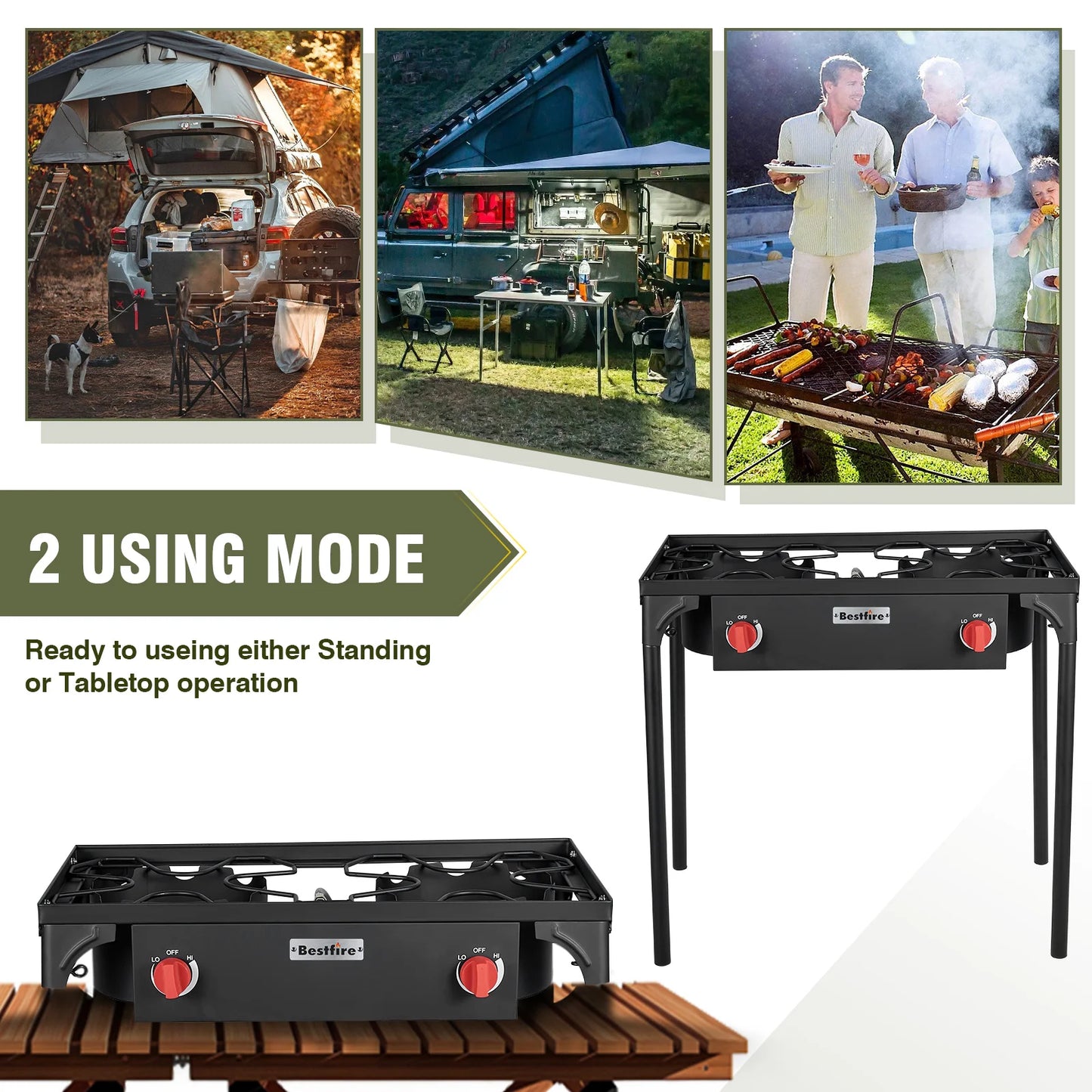 BESTFIRE 2 Burner Camping Stove 150000 BTU High Pressure Outdoor Propane Grill With 4ft 20 PSI Regulator Hose Removable Legs for Backyard Cooking BBQ Picnic Tailgate