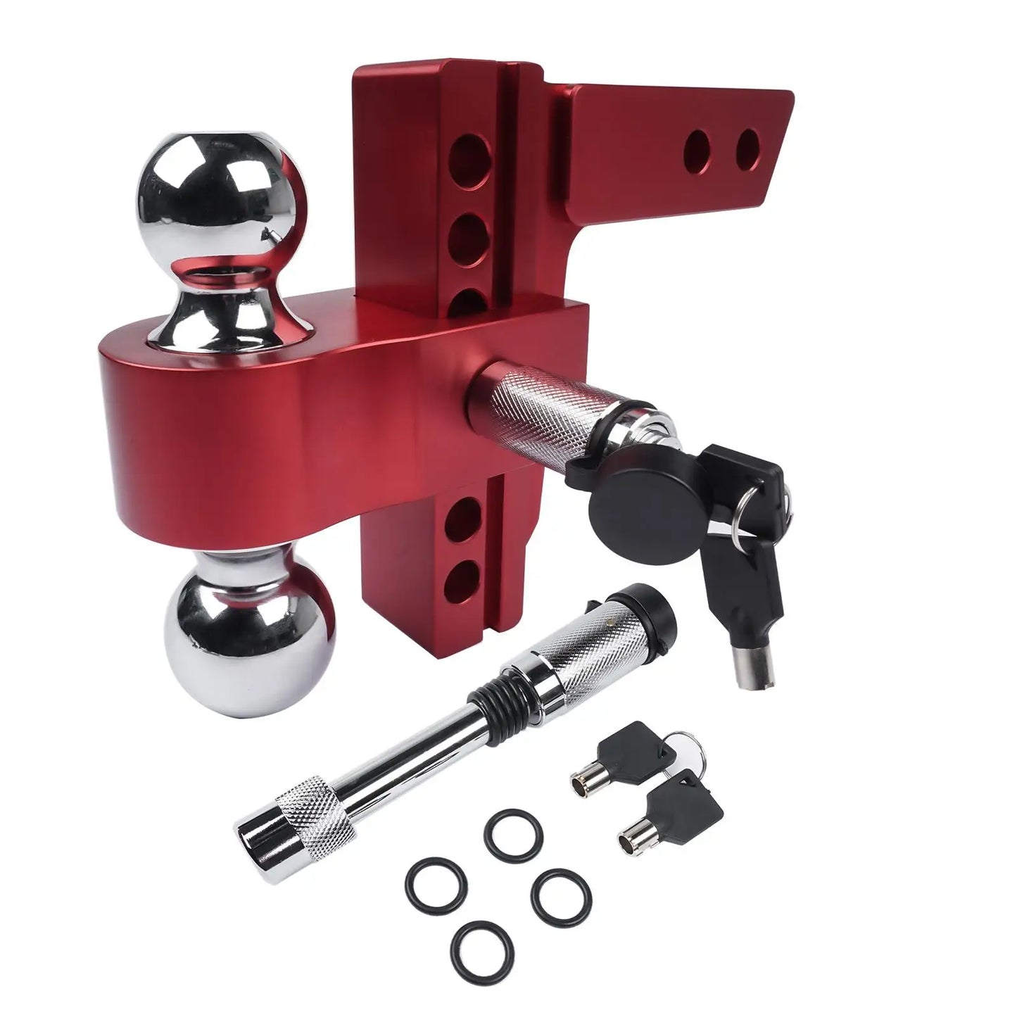 AP03 Adjustable 6" Drop/Rise Trailer Hitch Red for 2" Receiver with Anti-Theft Locks, Dual Ball Mount