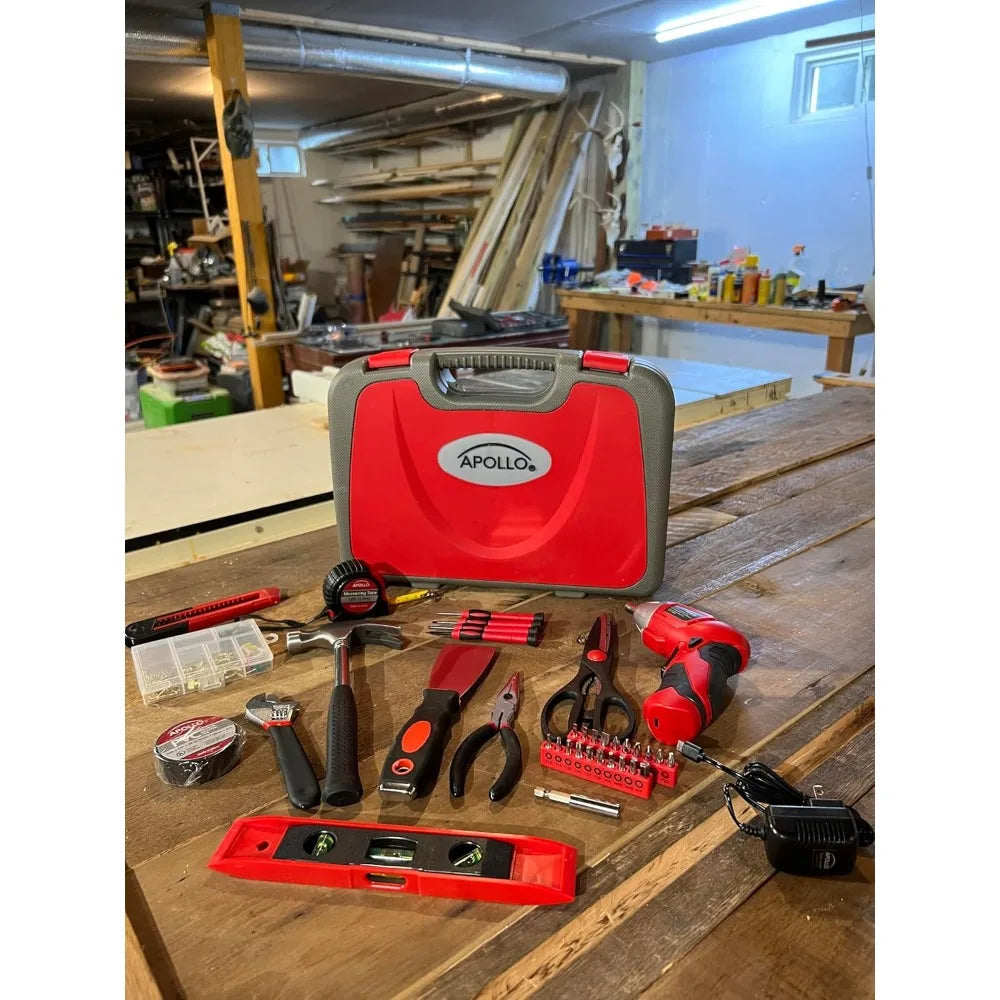 Apollo Tools 135 Piece Household Tool Set with Pivoting Dual-Angle 3.6 Volt Lithium-Ion Cordless Screwdriver Most-Needed Tool