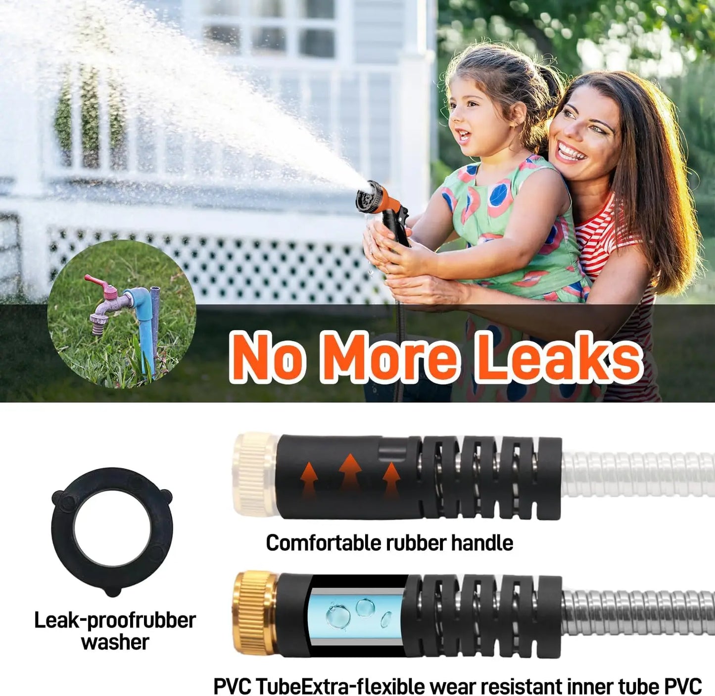 Garden Hose Stainless Steel Water Hose with 10 Functions Adjustable Spray Nozzle Heavy-Duty Metal Garden Hose for Yard Lawn