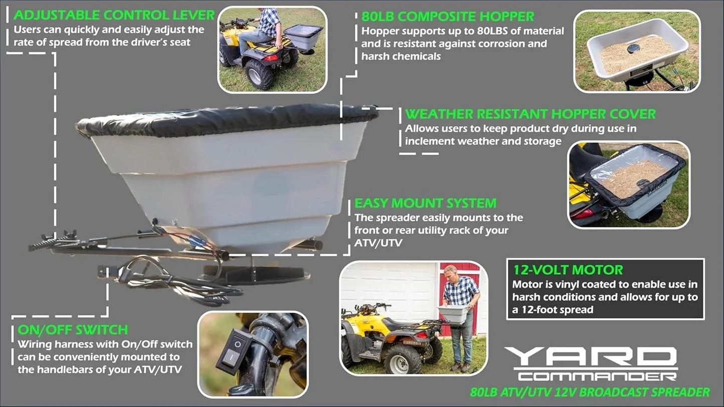 80 LB ATV/UTV Broadcast Spreader 12Volt Heavy Duty Motor  Salt, Seed, Fertilizer & More  Adjustable Drop Rate Included
