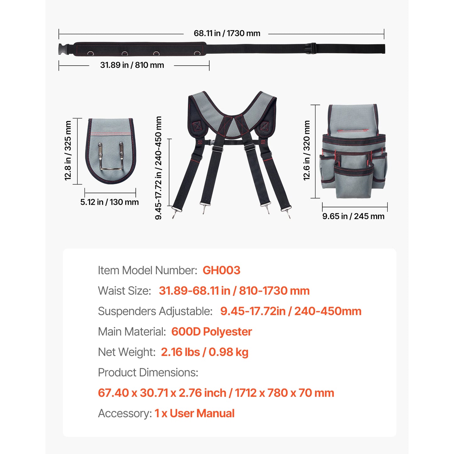 SucceBuy Tool Belt 22 Pockets Waist Adjust 32 to 68 in with Suspenders Utility Belt Bag for Electrician Carpenter Construction