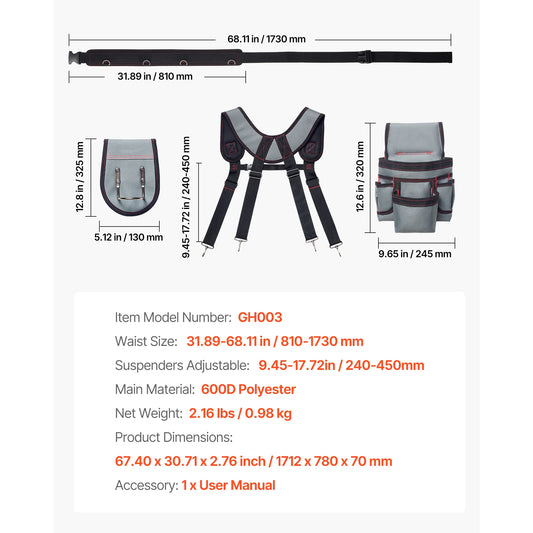 SucceBuy Tool Belt 22 Pockets Waist Adjust 32 to 68 in with Suspenders Utility Belt Bag for Electrician Carpenter Construction