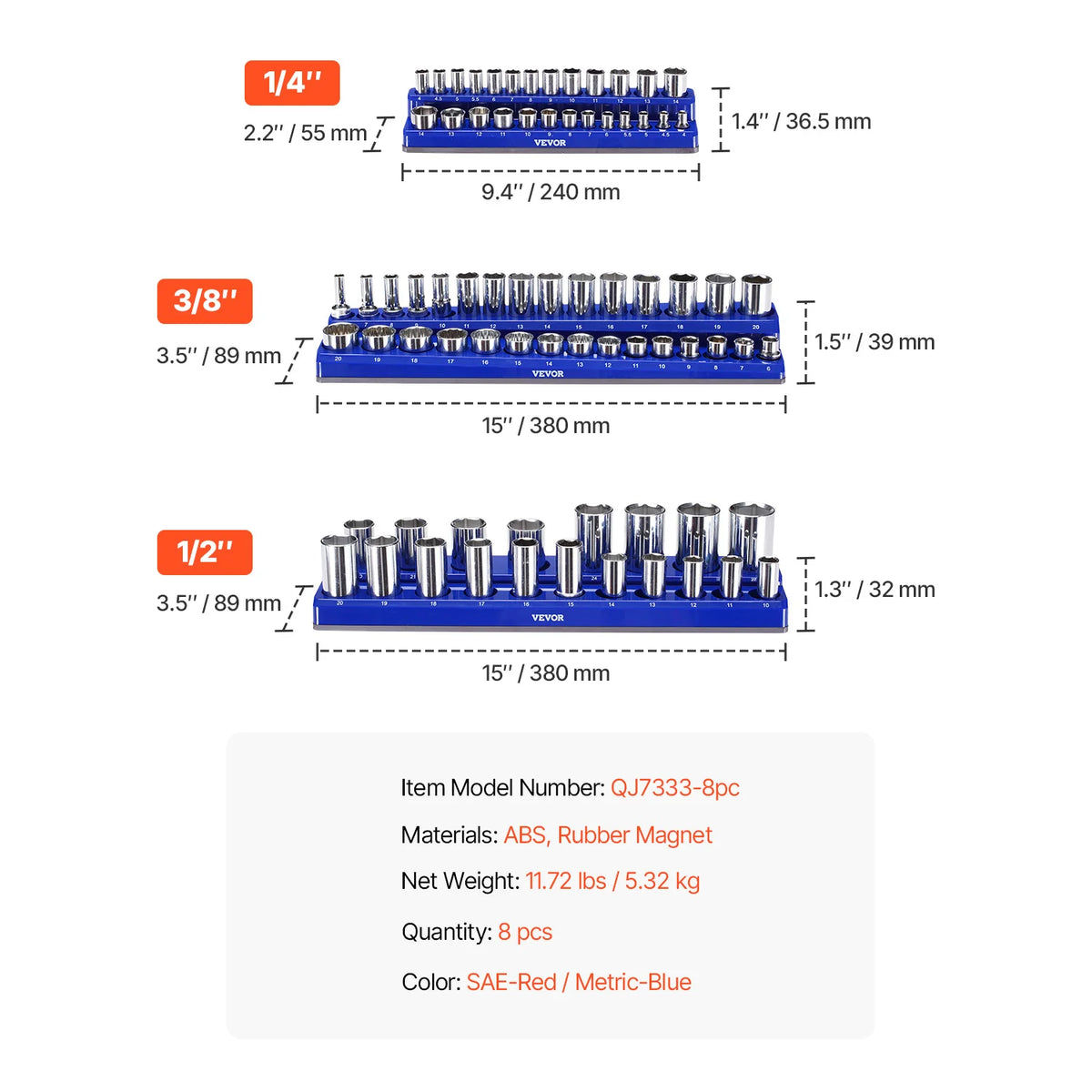SucceBuy 6pcs/8pcs Blue+Red Magnetic Socket Organizer Set 3/8'' 1/2'' Metric SAE Socket Trays with Clear Labels for Tool Box