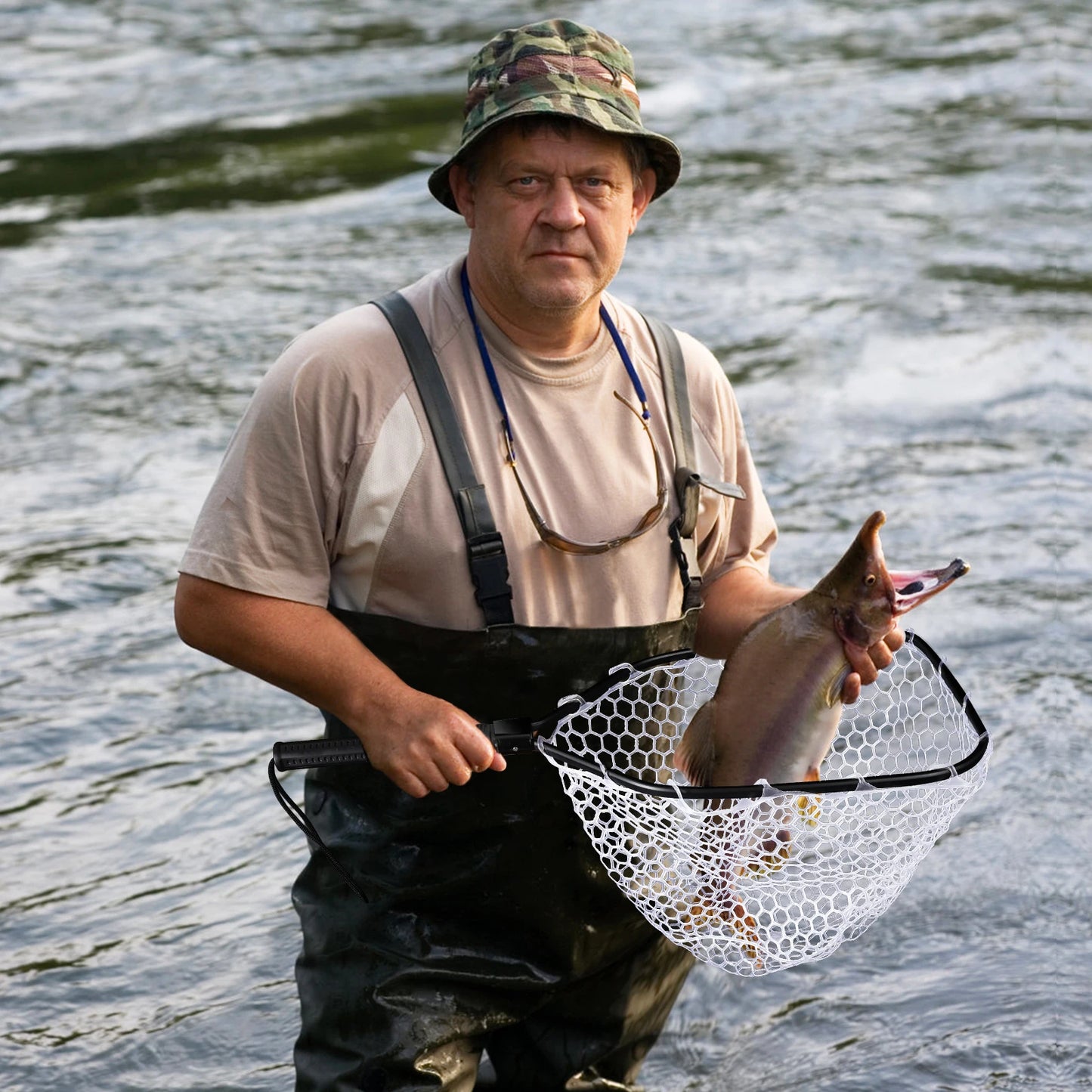 Foldable Fishing Net For Trout Soft Rubber Fishing Net With Handle Fly Fishing Landing Net For Easy Catch Release, Lightweight