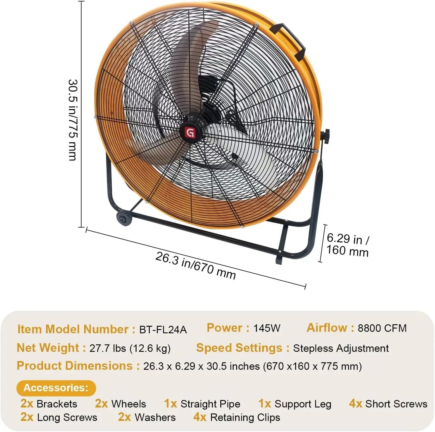 24-Inch Large Industrial Drum Fan 3-Speed High-Velocity Floor Fan with Built-in Wheels & Handle Metal Air Circulator Cooling Fan