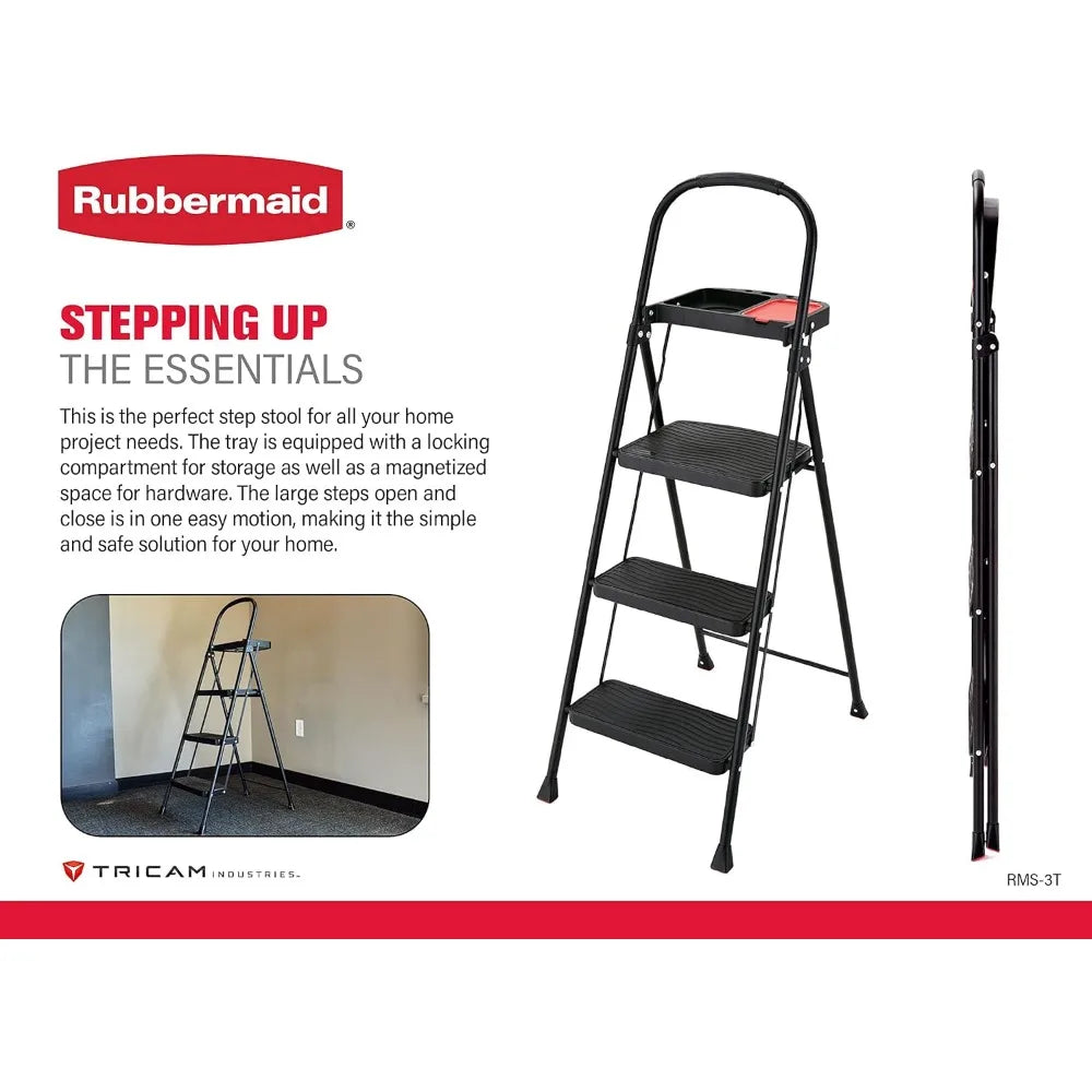 XMSJ 3 Step Steel Ladder With Project Tray Foldable Step Stool