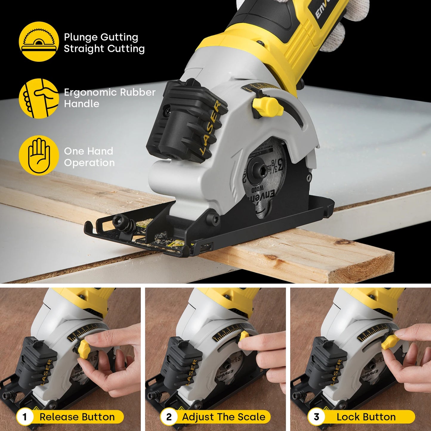 Enventor Mini Circular Saw 580W Motor Electric Circular Saw With 3 Saw Blades 4000RPM Cutting Depth 27mm for Wood Cutting