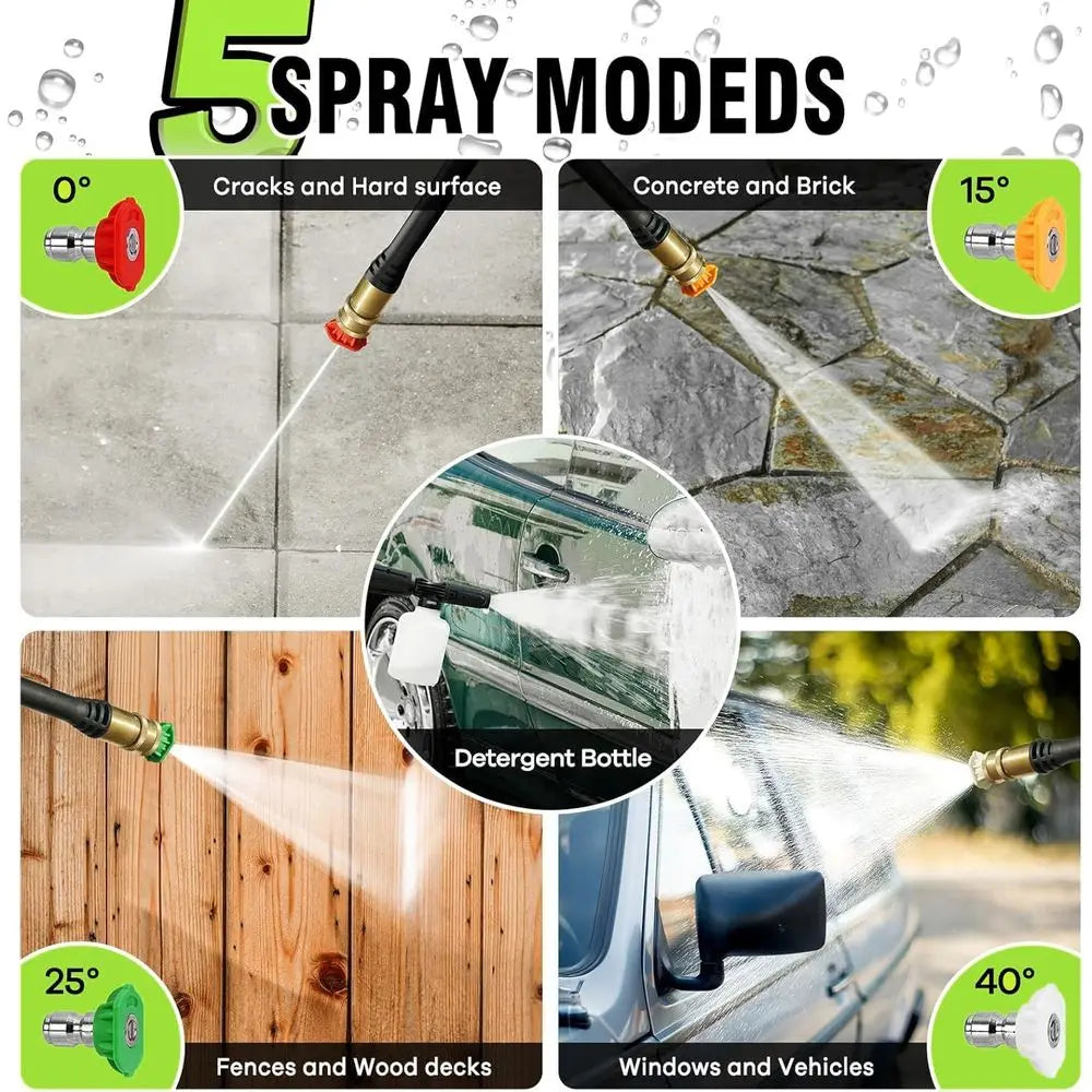 Green 4500PSI Portable Power Washer With 20FT Pipe 4 Nozzles 500ml Foam Cannon For Home Car Fence Window Cleaning