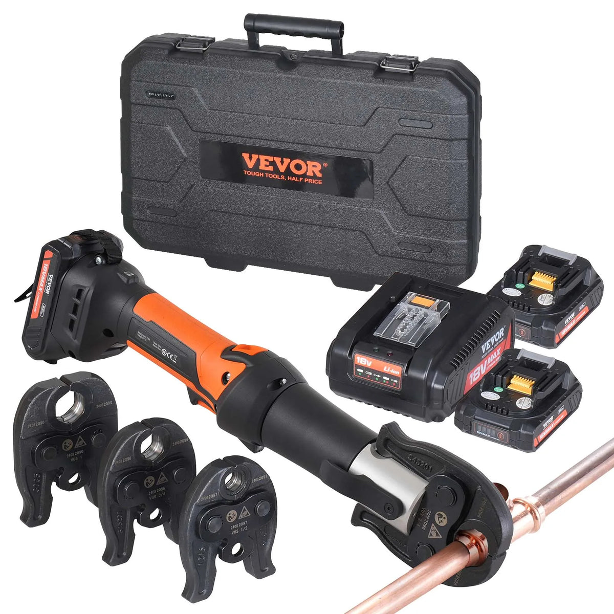 SucceBuy Mini Pro Press Tool 18V Electric Pipe Crimping Tool for 1/2" 3/4" 1" Copper Pipes Press Tool Kit w/ 3 Jaws 2pcs Battery