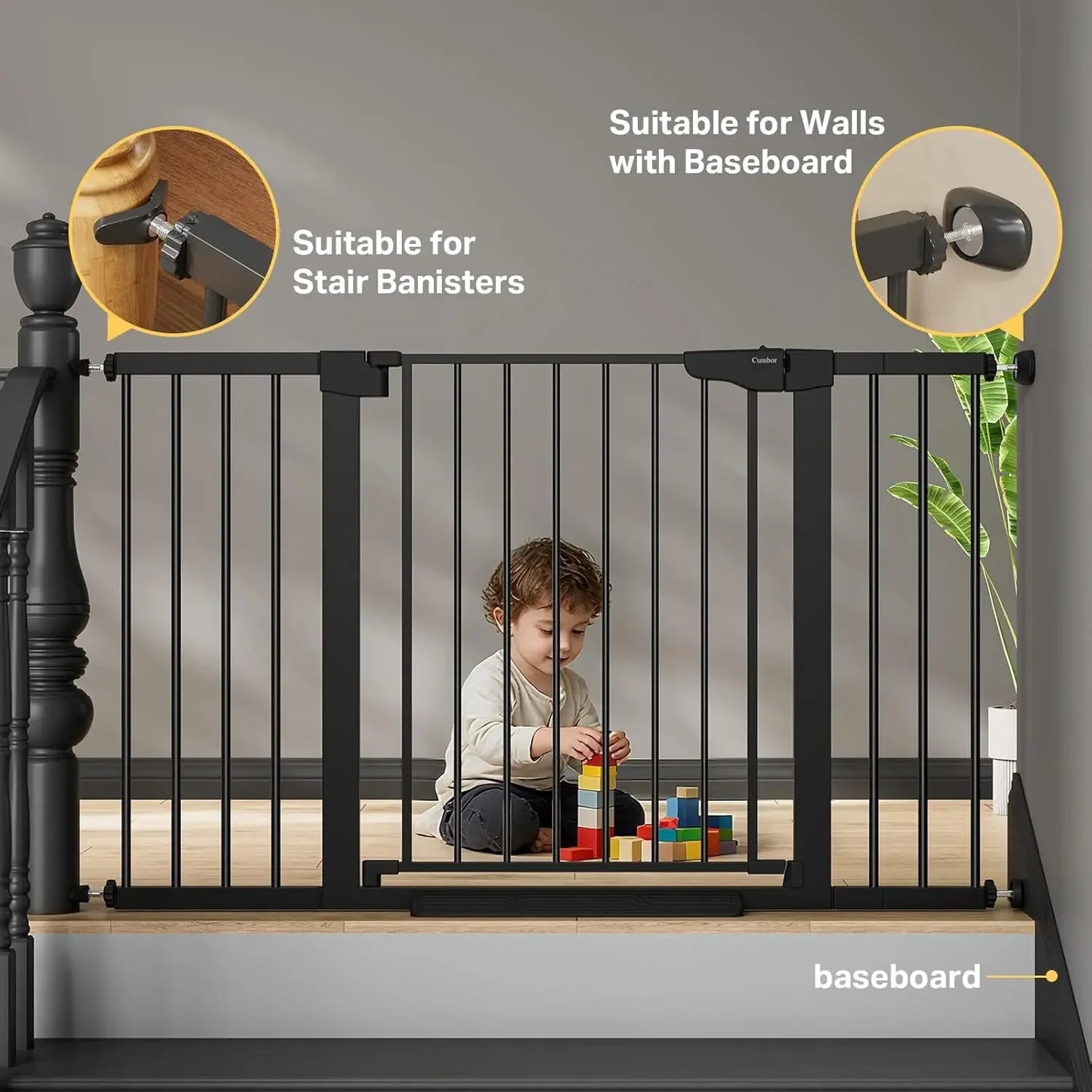 29.7"–51.5" Extra Wide Baby Gate for Stairs, Pressure-Mounted Dog Gates for Doorways & Hallways, Auto-Close Walk-Through, No-Tri