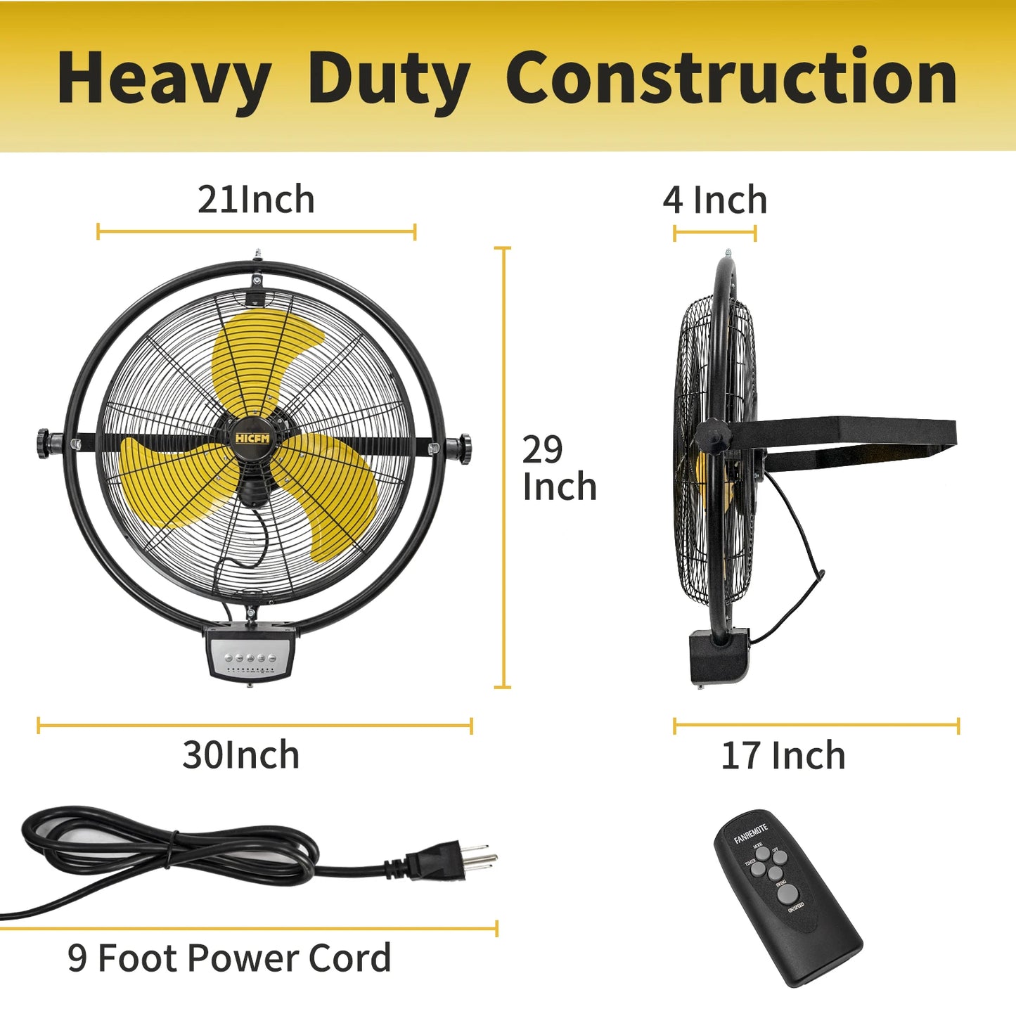 HiCFM 5000 CFM 20 inch Orbital Remote Control Wall Mounted Fan