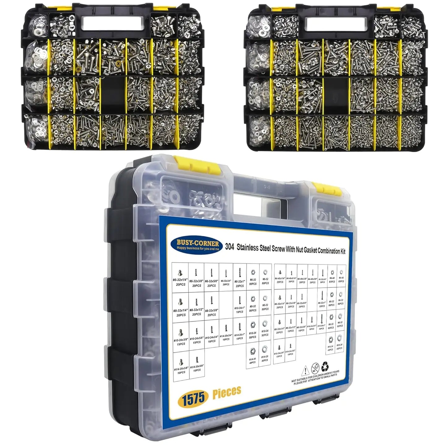 1575 Pcs Nuts and Bolts Assortment Kit, Stainless Steel Phillips Pan Head & Flat Head Screws with Organizer Box