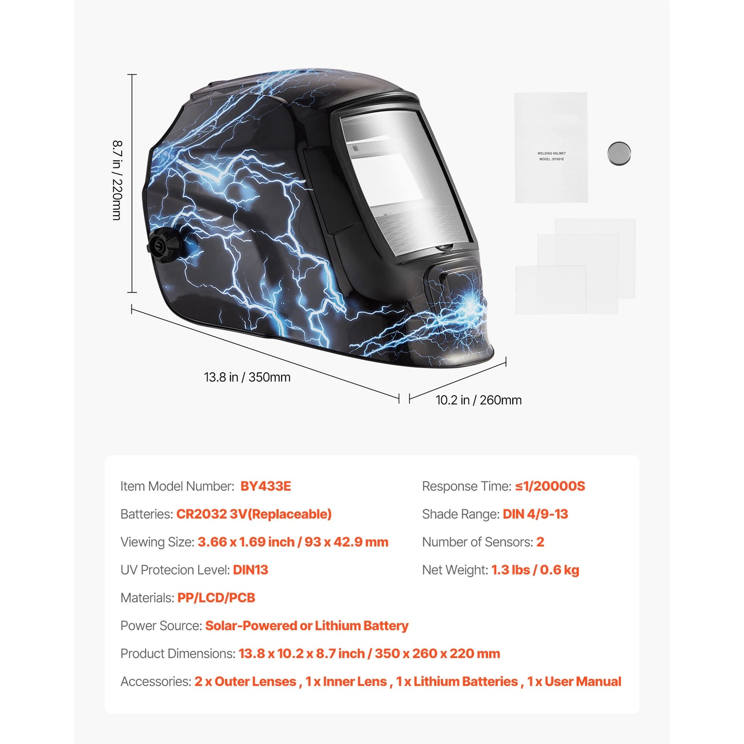 SucceBuy Welding Helmet Auto Darkening 3.66" x 1.69" True Color Welding Hood 2 Arc Sensors Shade 4/9-13 for TIG MIG ARC Grinding