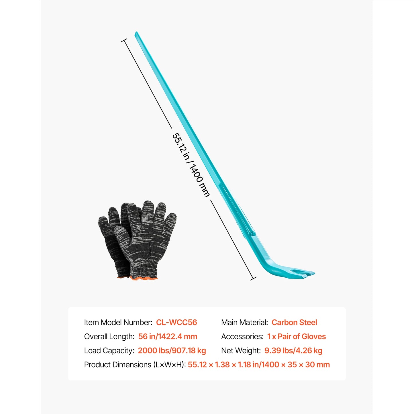 SucceBuy 2000 lbs Prylever Bar 52.5in Carbon Steel Handle Pry Lever Bar 56in Long Crowbar for Industrial Concrete Demolition