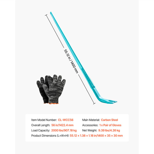 SucceBuy 2000 lbs Prylever Bar 52.5in Carbon Steel Handle Pry Lever Bar 56in Long Crowbar for Industrial Concrete Demolition