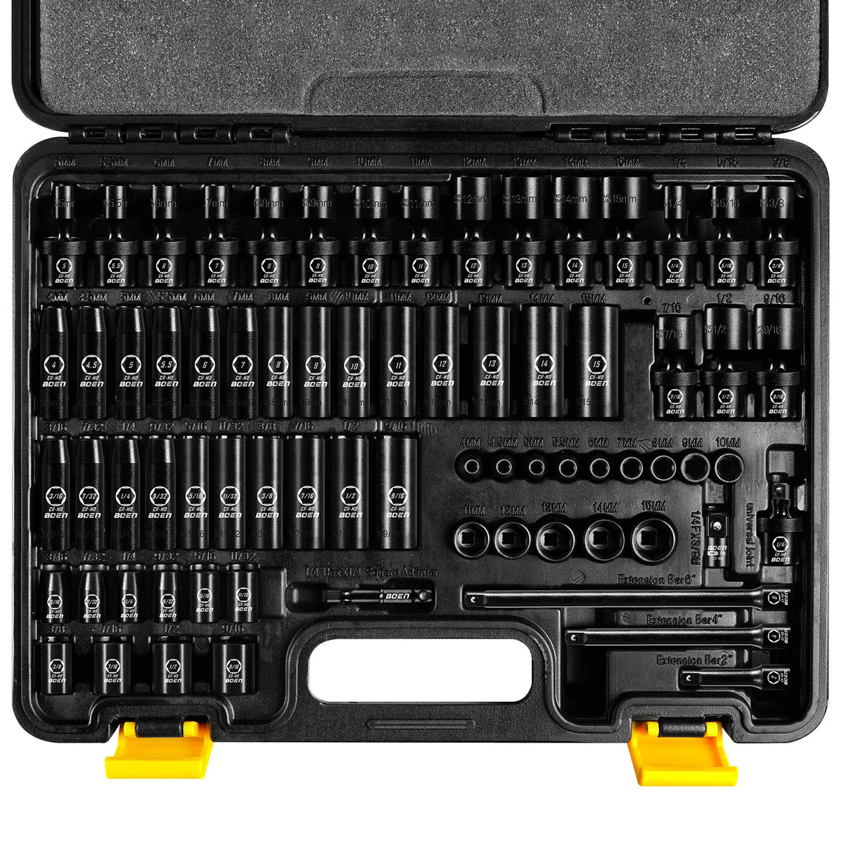 BOEN 72pc 1/4" Drive Impact Socket Set, SAE 3/16"-9/16" & Metric 4-15mm, Cr-Mo, w/Deep, Shallow, Swivel, Ext, Adapters & Univers