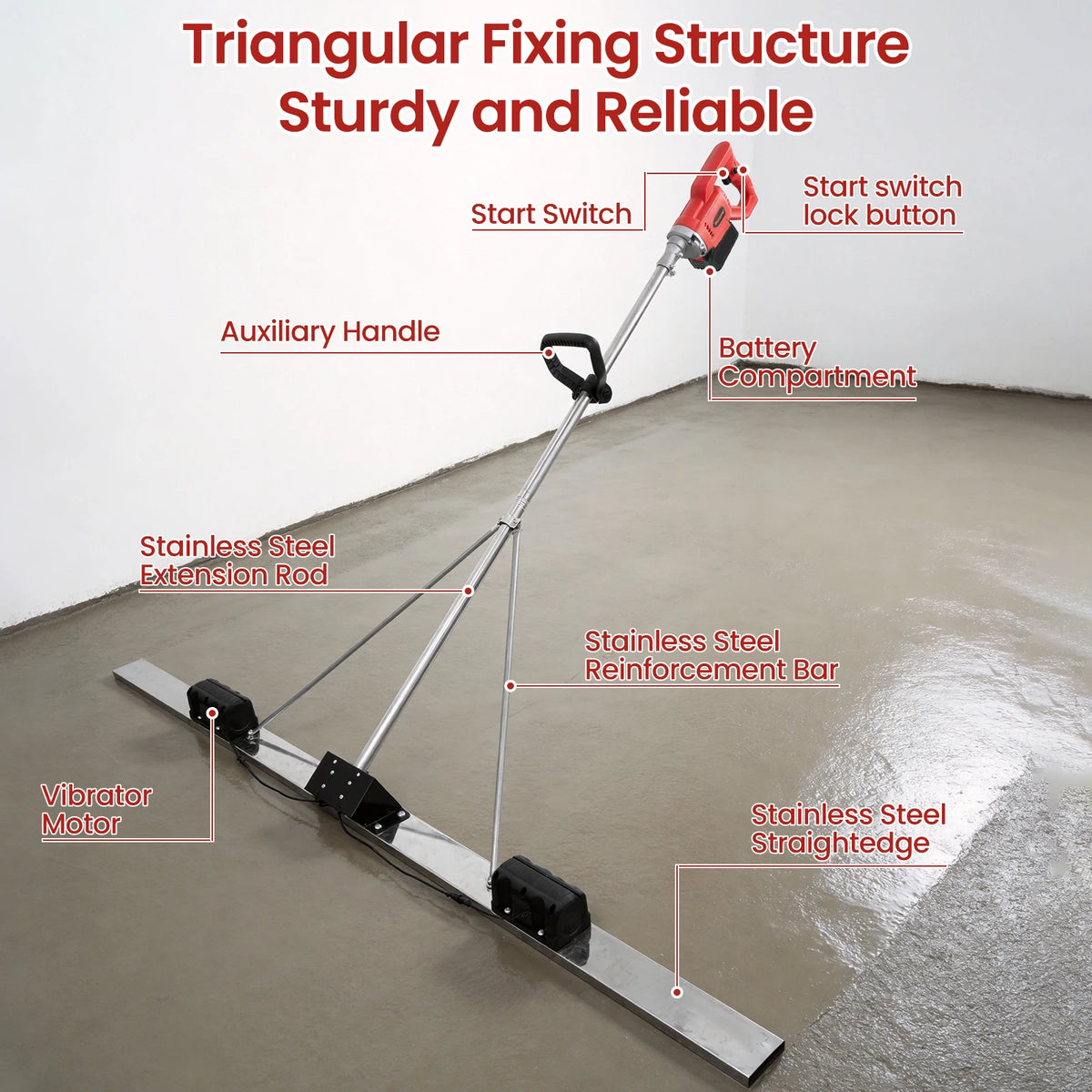 Electric Concrete Screed Vibrator, Cordless Battery Powered Cement Leveling Ruler – Concrete Finishing Tool with Stainless Steel Plate for Road, Sidewalk, Floor
