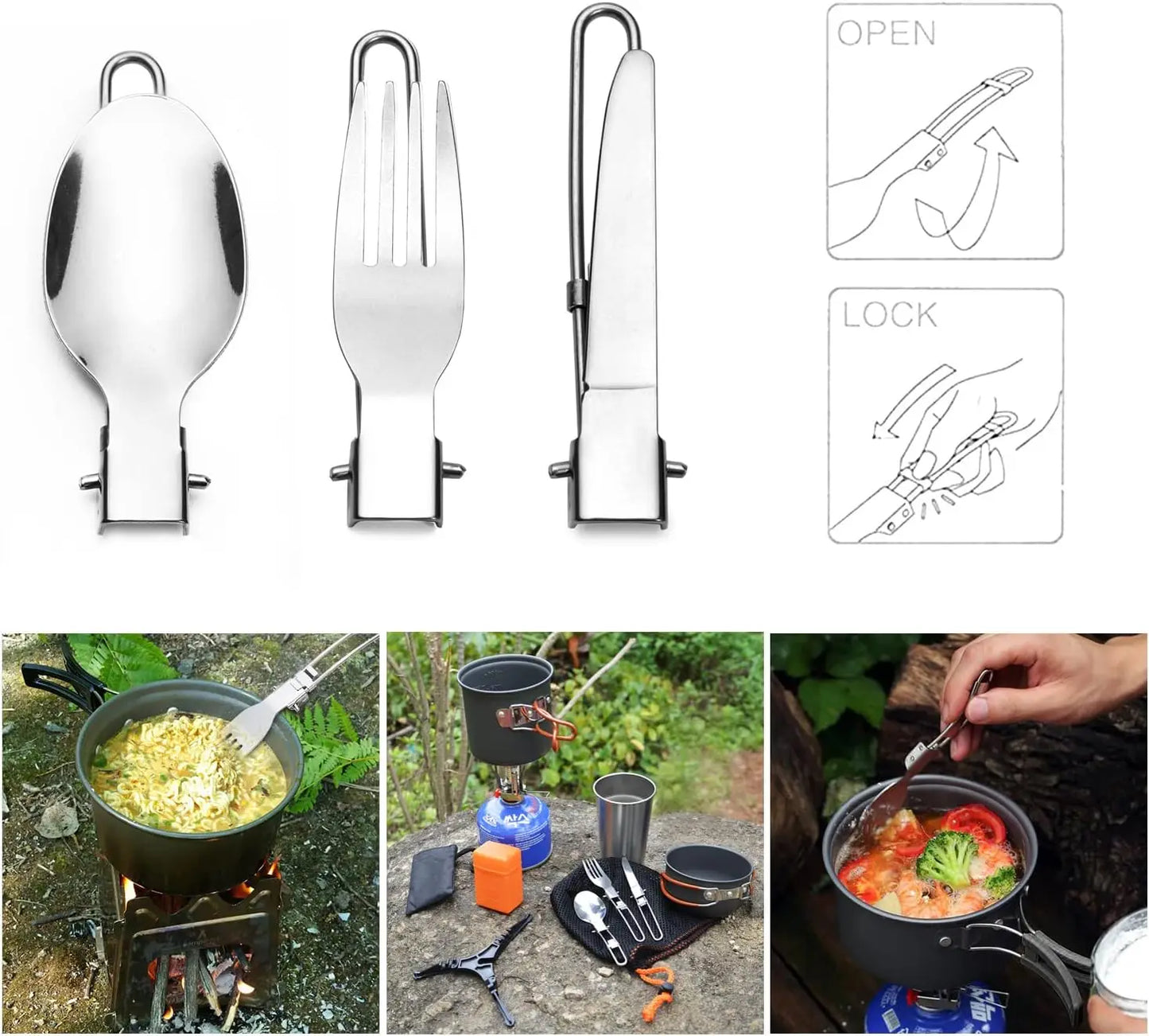 Camping Cookware Stove Carabiner Canister Stand Tripod Stainless Steel Cup Tank Bracket Fork Spoon Kit For Backpacking Outdoor Camping Hiking Picnic