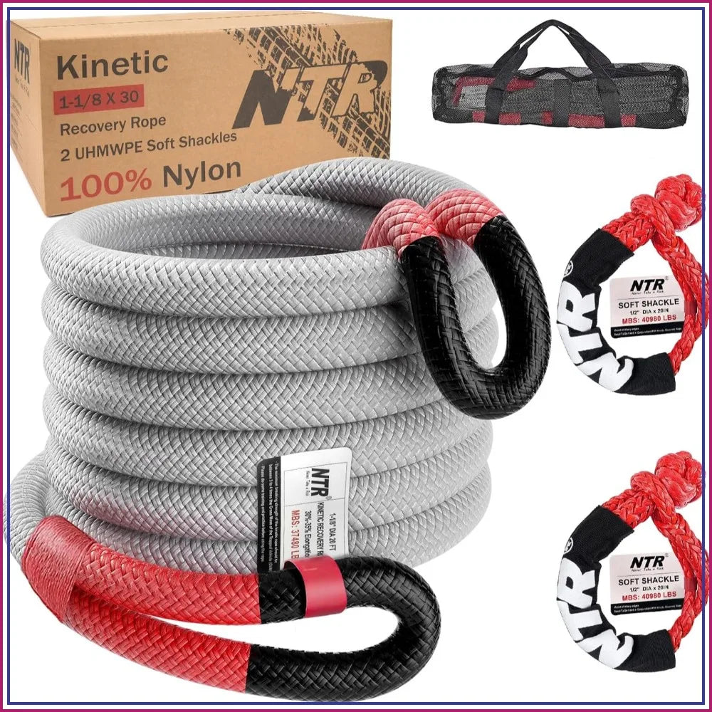 1-1/8" x 30' Kinetic Recovery Tow Rope (37,480lbs) with 2 Soft Shackles (40,980lbs), Heavy-Duty Offroad Snatch Strap for Jeep Truck ATV UTV SUV