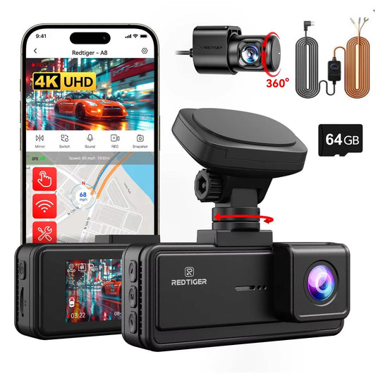 REDTIGER A8 4K Dual Dash Cam Front And Rear  Car Cam 3.18" IPS Touch Screen Built-in 5.8Ghz WiFi GPS Car DVR Night Vision