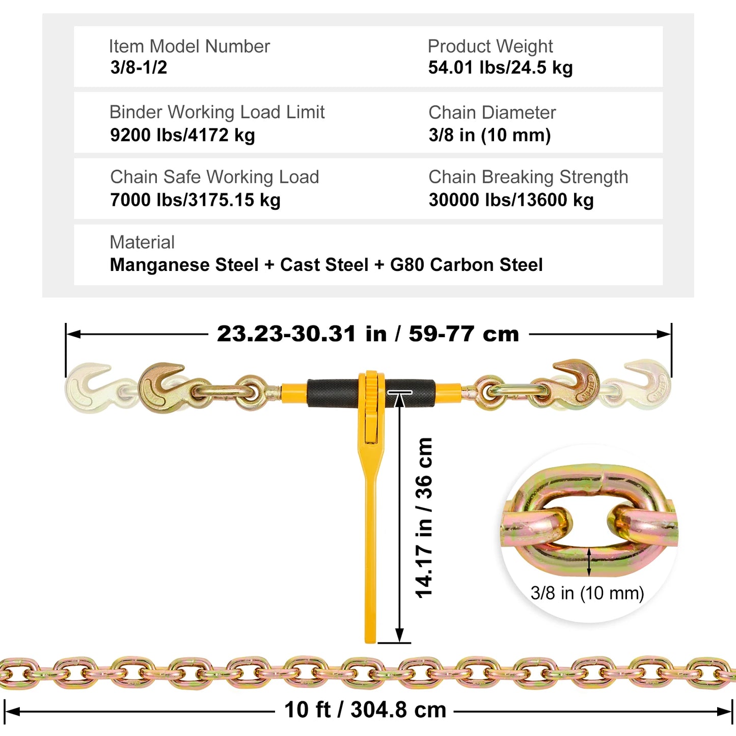 SucceBuy 2pcs Binder Chain 3/8"-1/2" Ratchet Load Tie Down Binders with Grab Hooks G80 Chains for Truck Towing Hauling