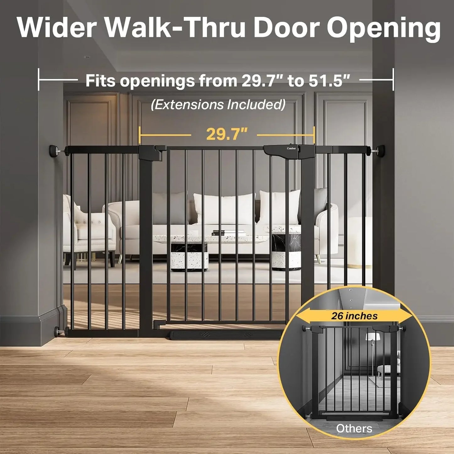 29.7"–51.5" Extra Wide Baby Gate for Stairs, Pressure-Mounted Dog Gates for Doorways & Hallways, Auto-Close Walk-Through, No-Tri