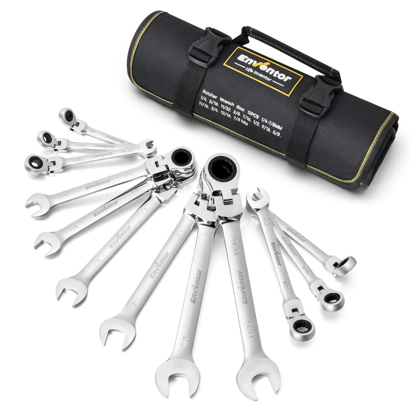Enventor 12 Pieces Ratcheting Wrench Set SAE 1/4-7/8" 180° Flex Head 12-Point Combination Ratchet Wrenches Set For Garage Home