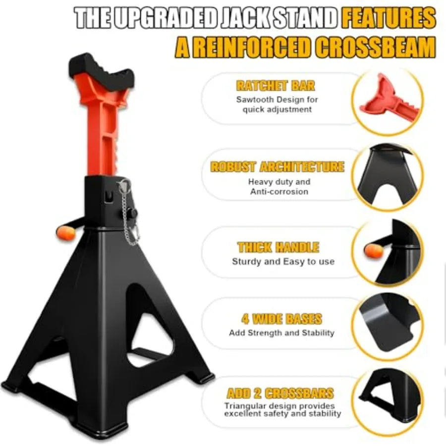 Upgraded 6 Ton Jack Stands 13200 Lbs with 2 Crossbars Double Locking Heavy Duty Adjustable Car Jack Stand for Trucks SUV Car UT