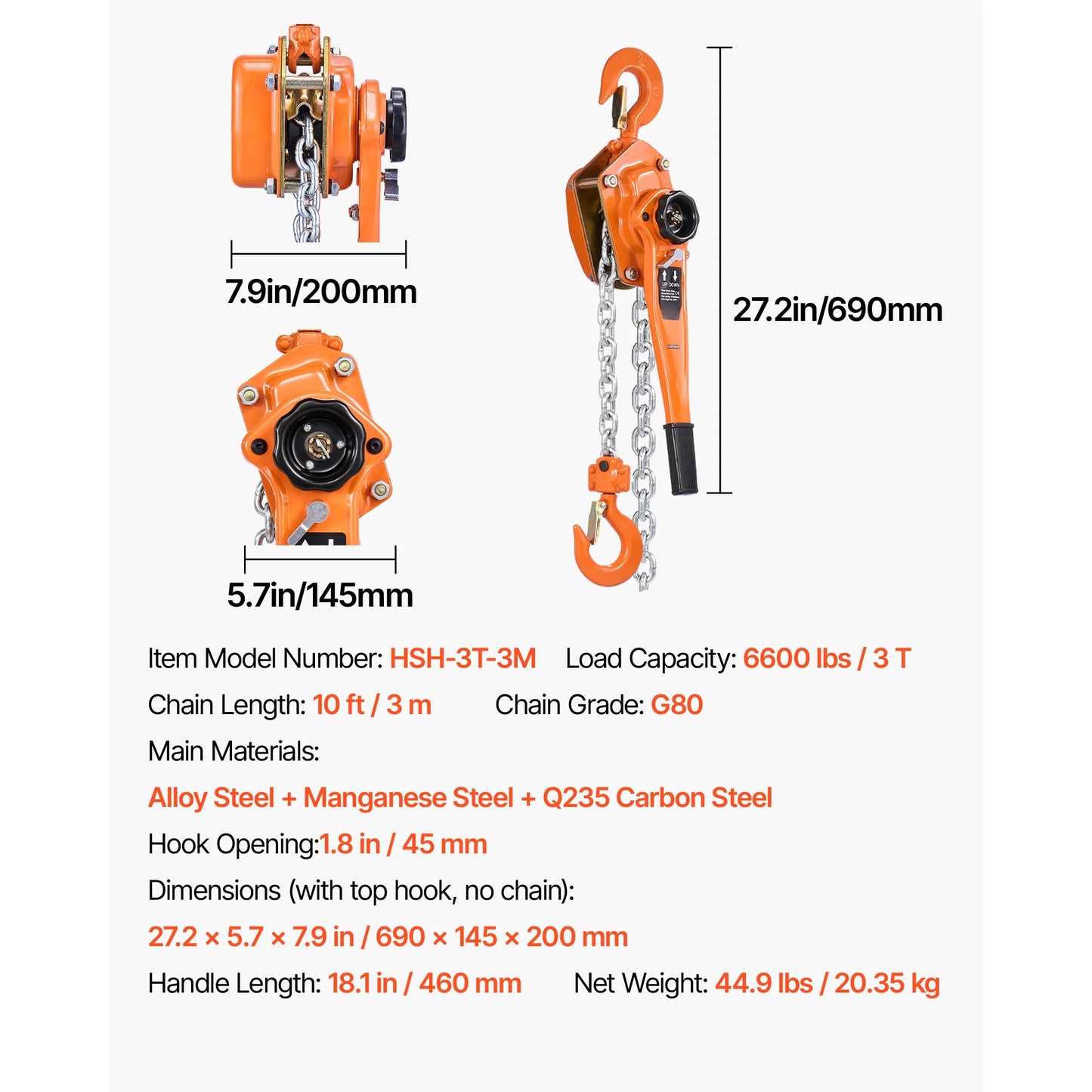 SucceBuy Manual Lever Chain Hoist 1-1/2T / 3T / 6T  Capacity Come Along 10FT/ 20FT Lift G80 Alloy Steel Chain 360°Rotating Hooks