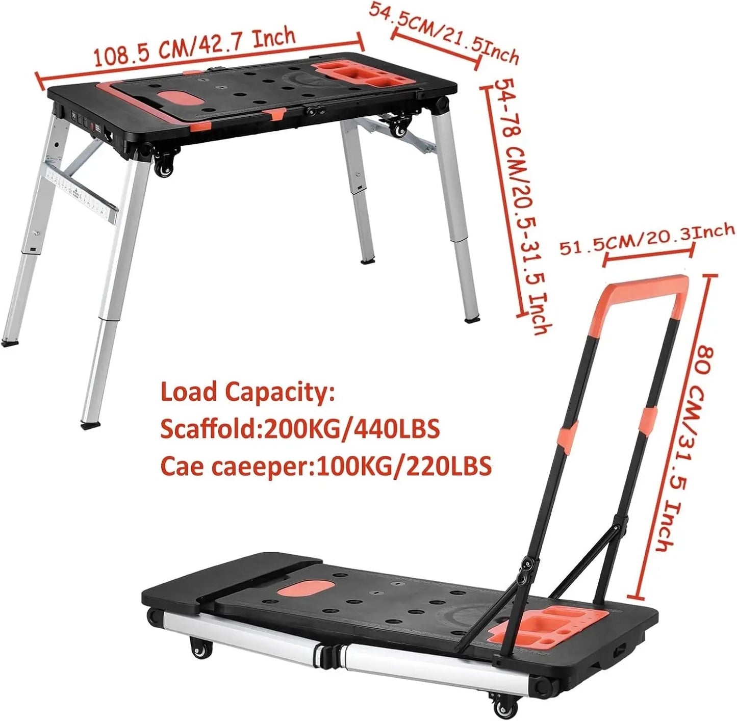 Multifunctional Folding Work Table, 7 in 1 Work Benches for Garage Car Creeper, Portable Workbench, Sawhorse, Scaffold, Platform