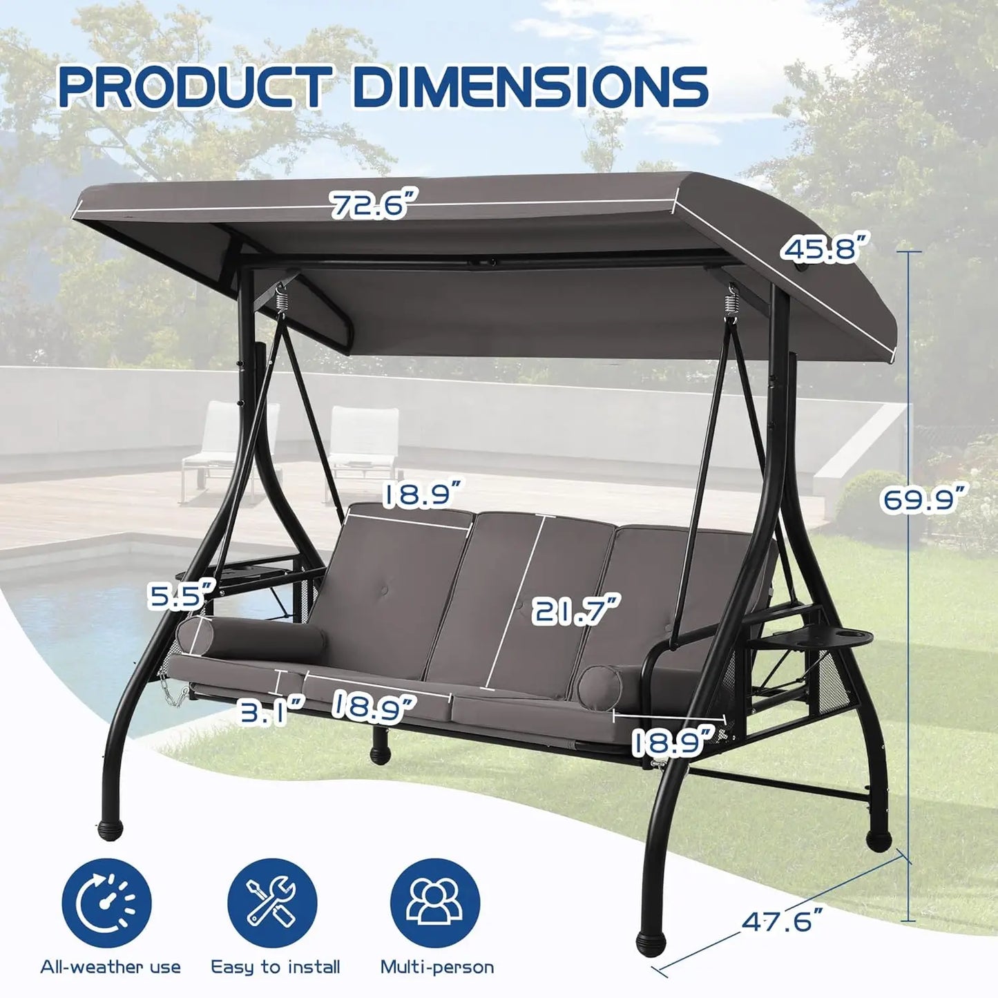 3-Seat Outdoor Porch Swing with Adjustable Canopy, Convertible Swings Bed with Stand, Patio Glider with Cushion, Customized