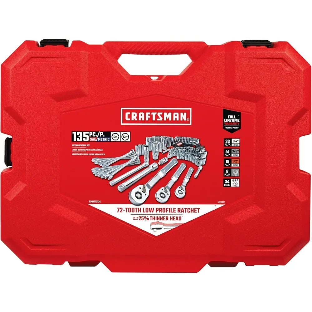 Mechanic Tool Set 135 Pcs, 1/4, 1/2 and 3/8 Inch Drive SAE and Metric Socket Wrench Set with Case (CMMT12124)