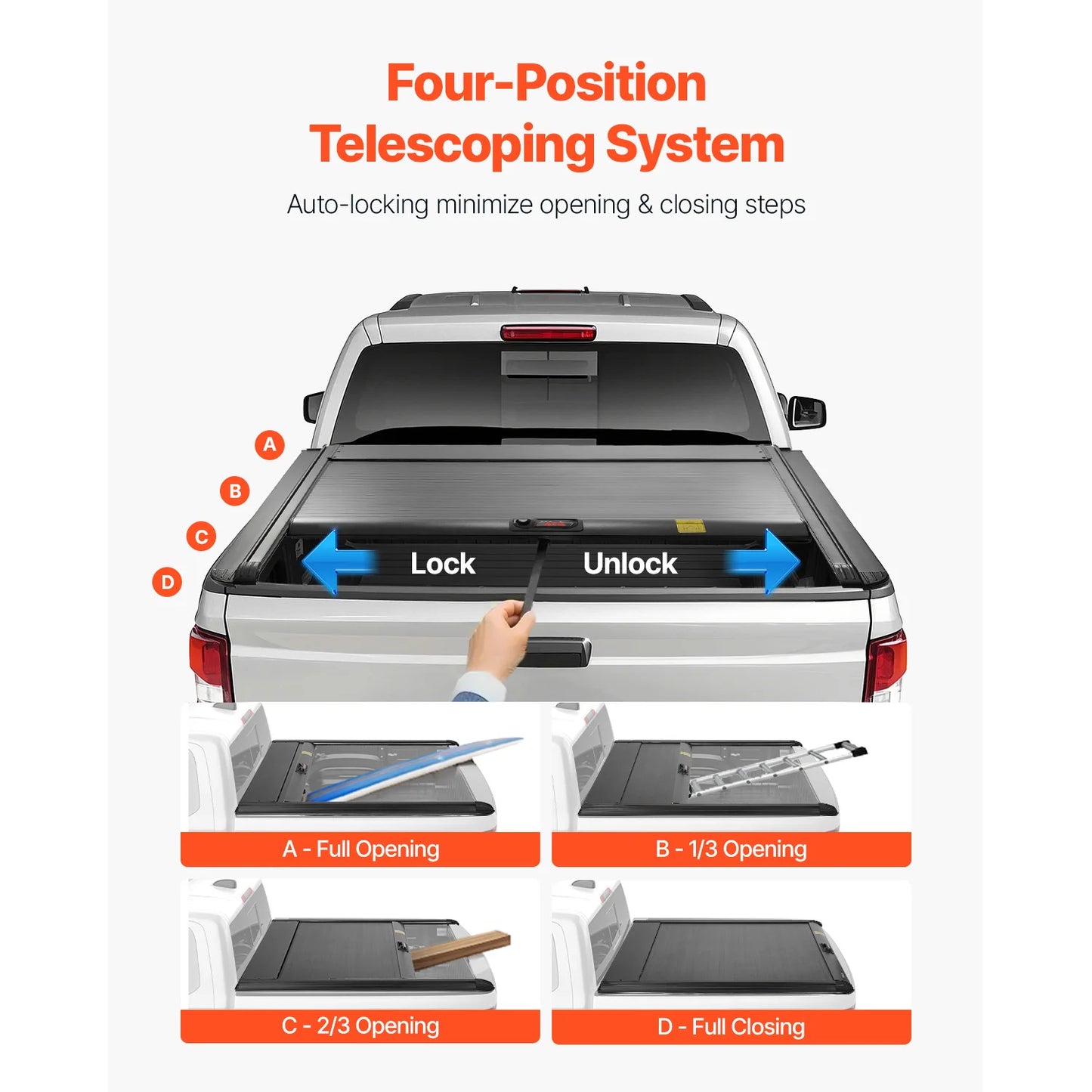 SucceBuy Retractable Tonneau Cover 5.5ft Aluminum with Drainage Pipe for 2021-2024 Ford F-150 Crew Cab Double-Lock T-Slot Design