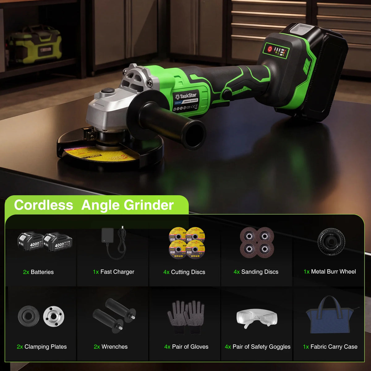 TaskStar Cordless Angle Grinder With Two Batteries And Accessories