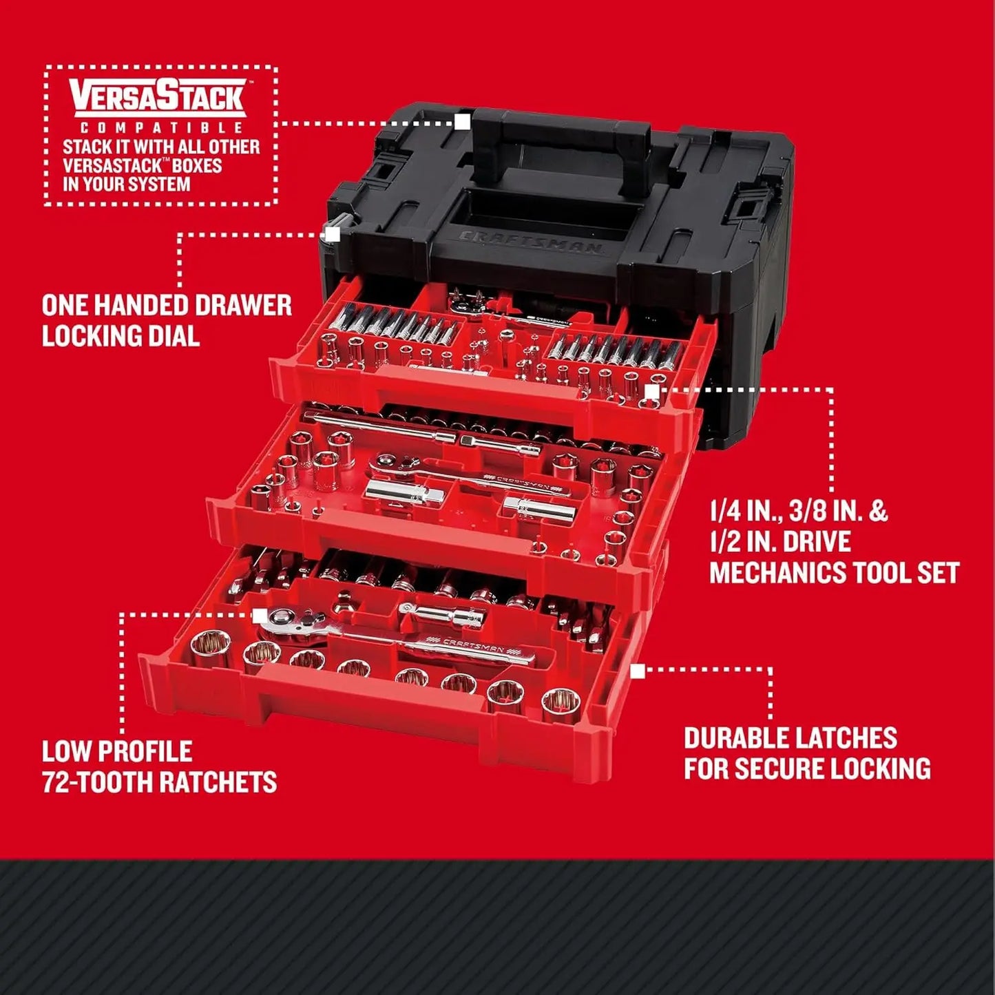 262-Piece Mechanic Tool Set with 3-Drawer Box, SAE & Metric Sockets, Car & Motorcycle Tool Kit with Wrenches & Spark Plug Sockets