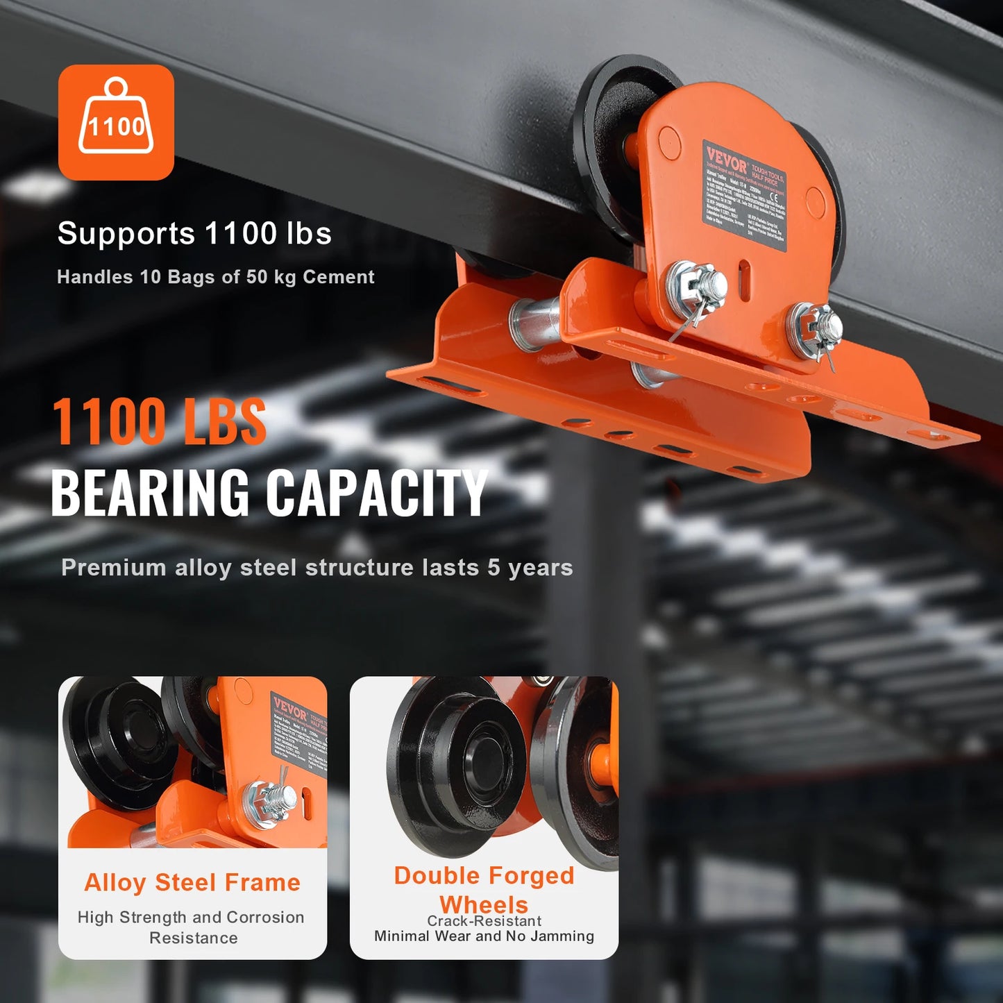 SucceBuy Electric Hoist Manual Trolley 0.5/1 Ton Capacity for PA200 PA250 PA300 PA400 PA500 Push Beam Trolley with Dual Wheels