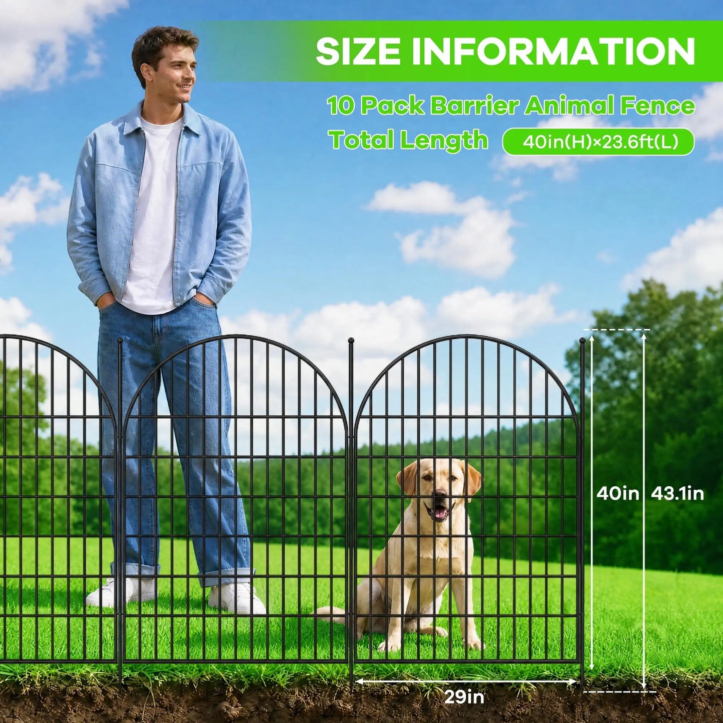 Decorative Garden Fence, 101.6cm H x 719.33cm L 10 Panels Arched Rustproof Metal Fence, No Dig Animal Barrier for Yard Patio Flower Bed