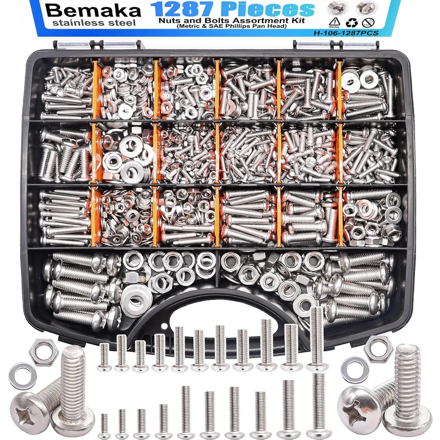 1287Pcs Nuts and Bolts Assortment Kit, 304 Stainless Steel Metric & SAE Machine Screws, Phillips Pan Head Hardware Set with