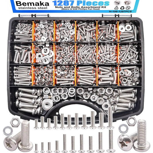1287Pcs Nuts and Bolts Assortment Kit, 304 Stainless Steel Metric & SAE Machine Screws, Phillips Pan Head Hardware Set with