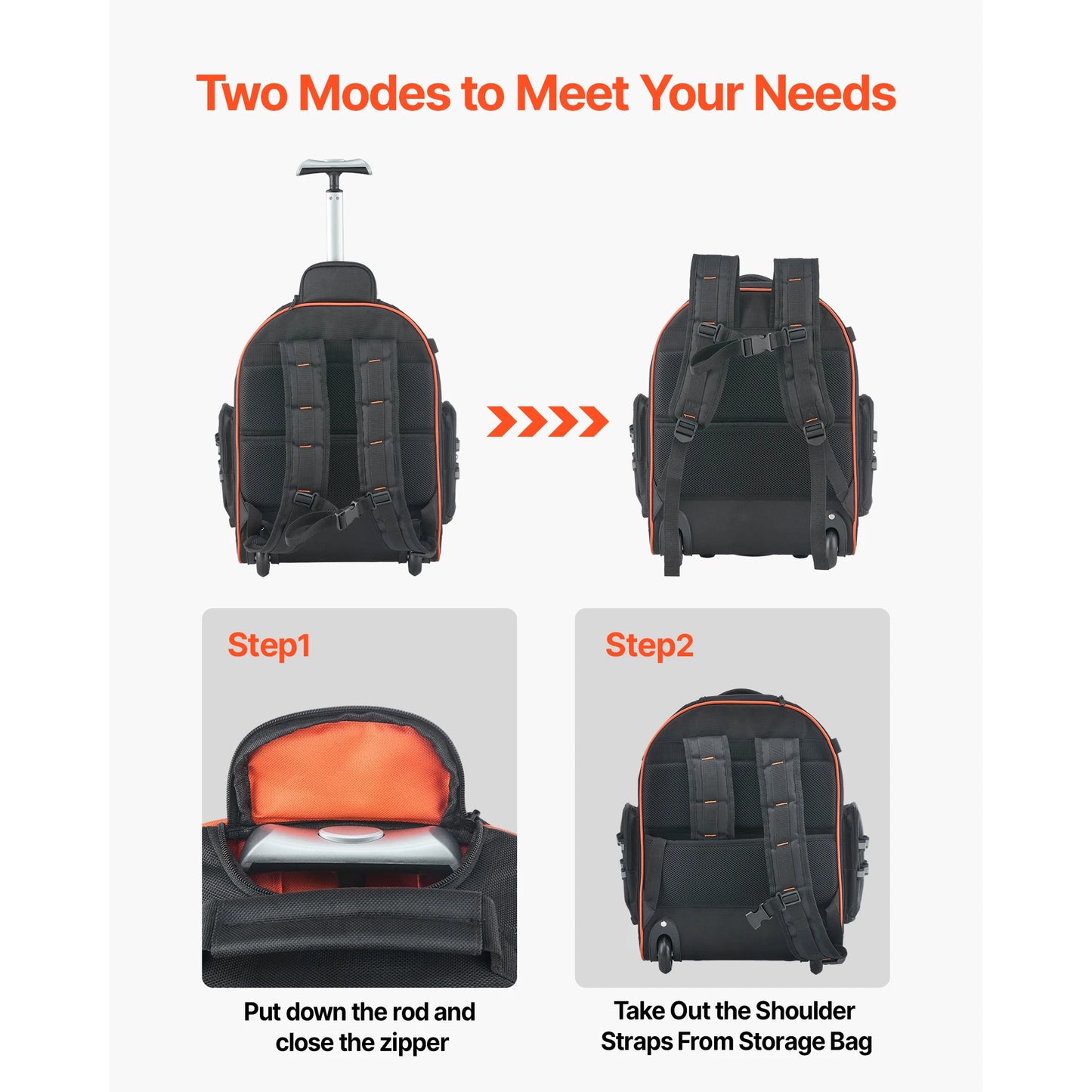 SucceBuy 110lbs Rolling Tool Backpack 14/15in Roller Tool Bag on Wheels with 45/72 Pockets Toolbag Organizers for Mechanic Tools