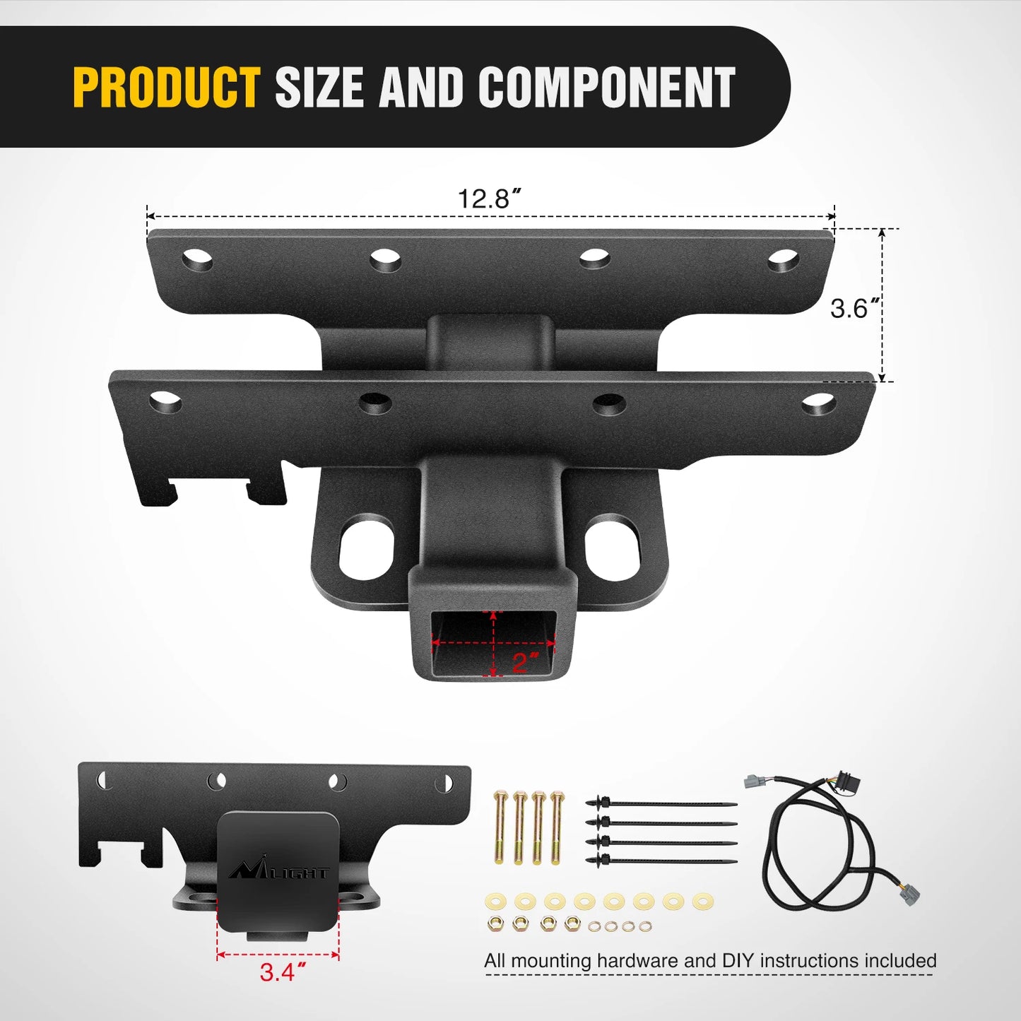 Nilight 2' Inch Rear Bumper Tow Trailer Hitch Receiver Kit, Compatible for 2007-2018 Jeep Wrangler JK 4 Door & 2 Unlimited, W/4-Pin Wiring Harness (Exclude JL Models)