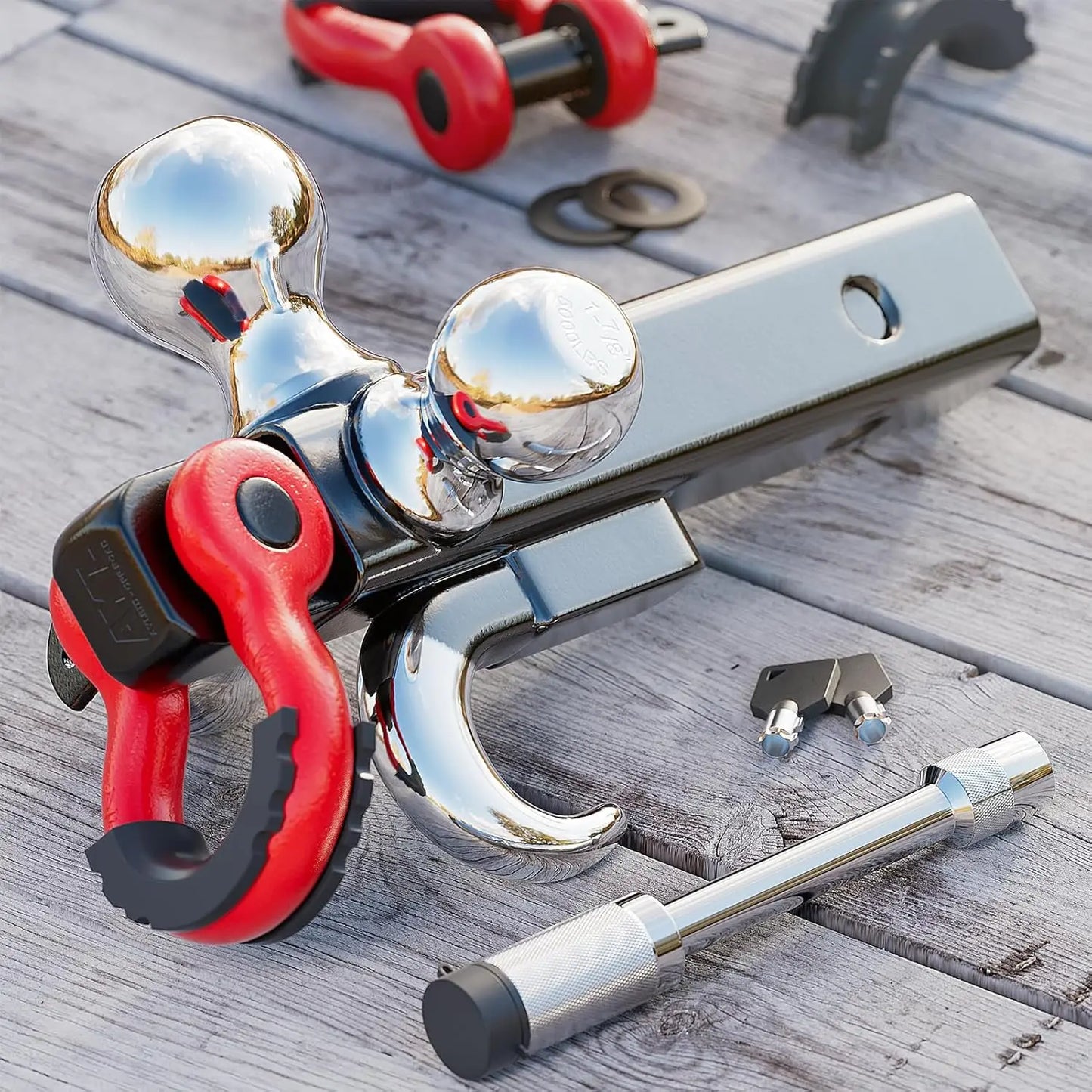 Tri-Ball Trailer Hitch Mount with Hook, Pin & Rotatable Shackle for 2-In Receiver, 1-7/8, 2, 2-5/16 Hitch Balls with Anti-Theft