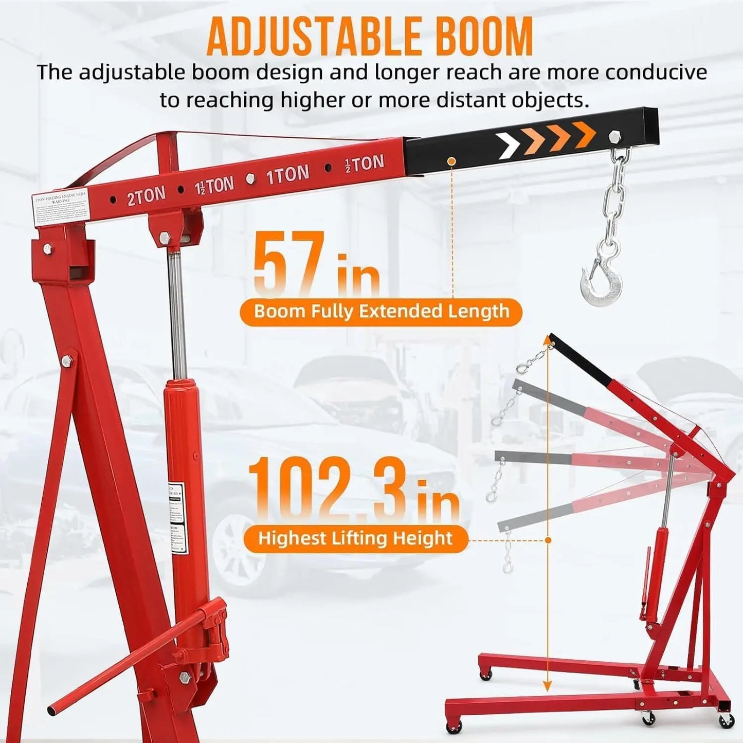 Cherry Picker Engine Hoist, Folding Engine Crane, 2 Ton 4400lb Engine Hoist Lift, Heavy Duty Hydraulic Engine Shop Crane with 6