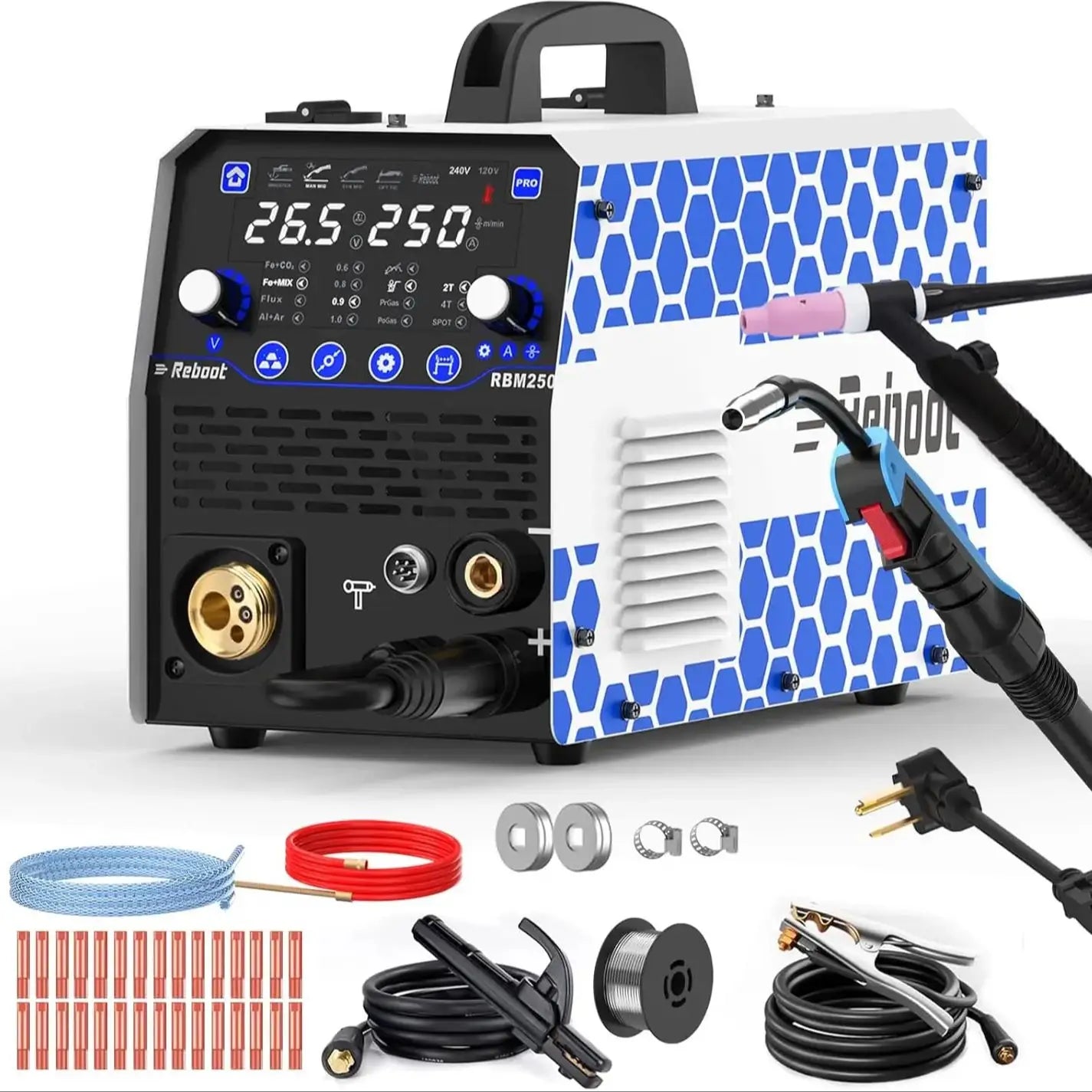 Reboot RBM2500 PRO 250A 120/240V 8-in-1 Welder, TIG Torch, Dual Aluminum Modes, Gas/Gasless MIG/MAG/TIG/Stick/Spot/Spool Gun