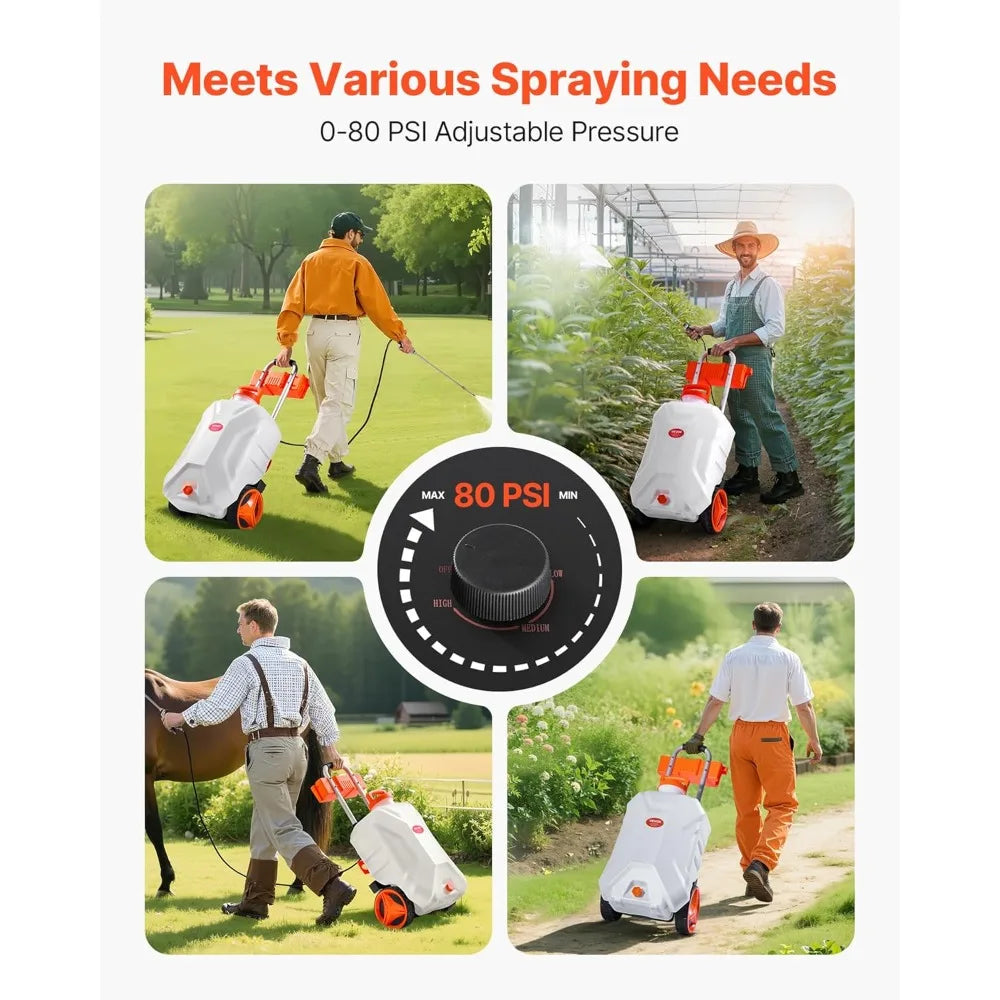 10 Gallon Electric Sprayer with Wheels, Adjustable 0-80 PSI Pressure, 98ft Hose & 5 Nozzles, Battery Powered for Garden Cleaning