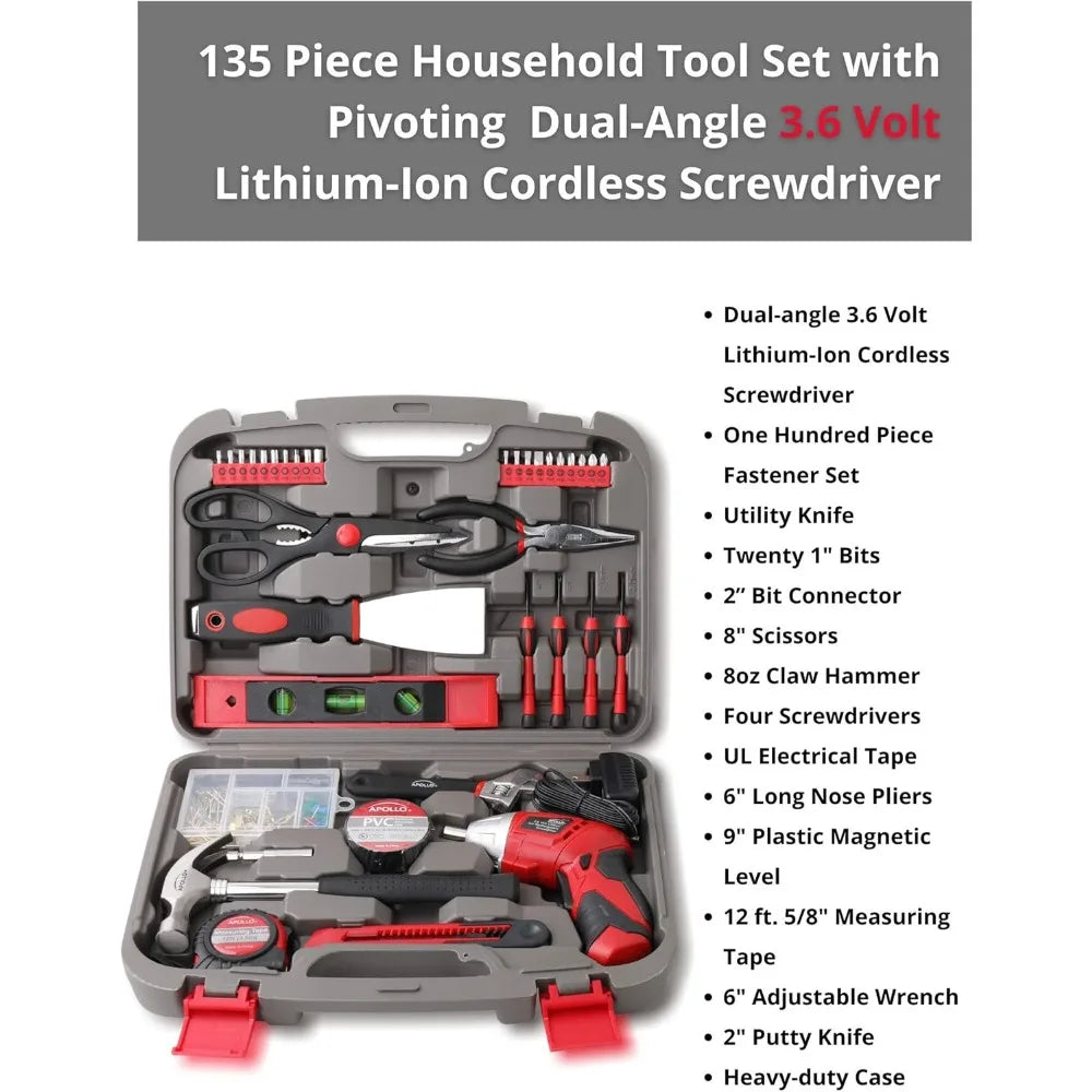 Apollo Tools 135 Piece Household Tool Set with Pivoting Dual-Angle 3.6 Volt Lithium-Ion Cordless Screwdriver Most-Needed Tool